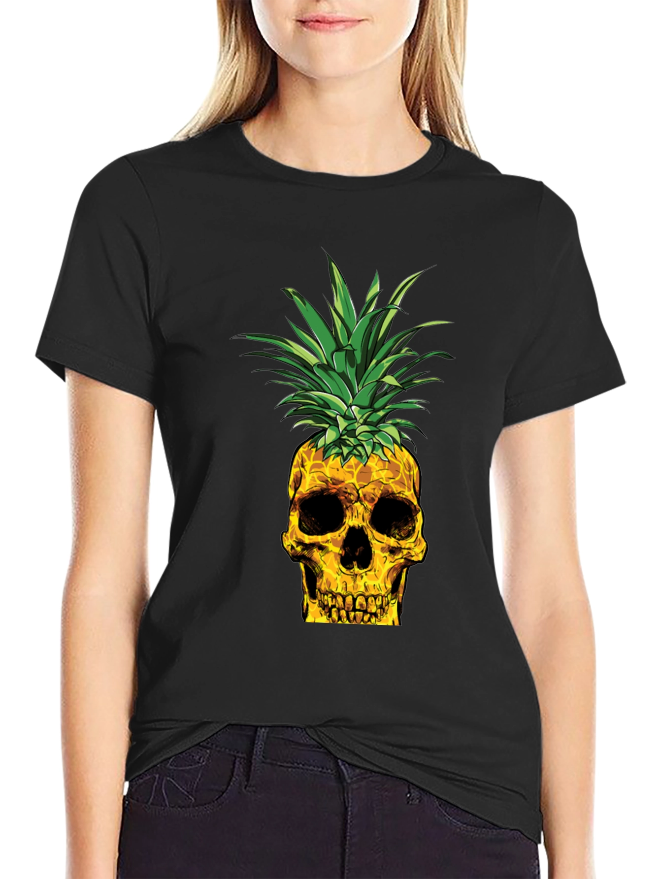 Skull Pineapple Graphic Tee - Black Cotton T-Shirt