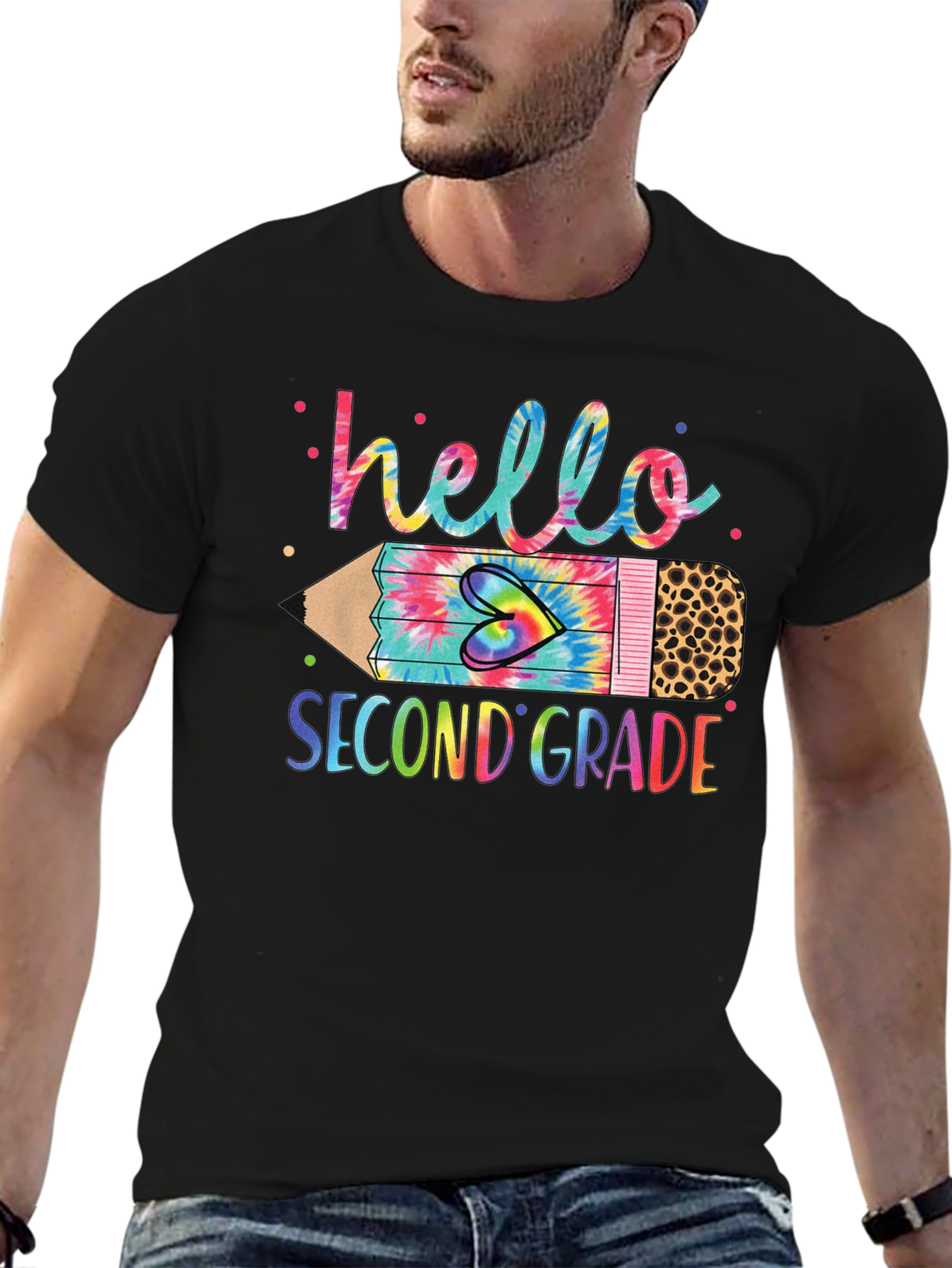 Hello Second Grade Tie Dye Pencil T-Shirt