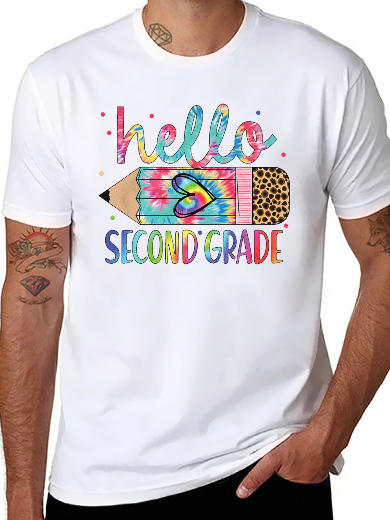 Hello Second Grade Tie Dye Pencil T-Shirt