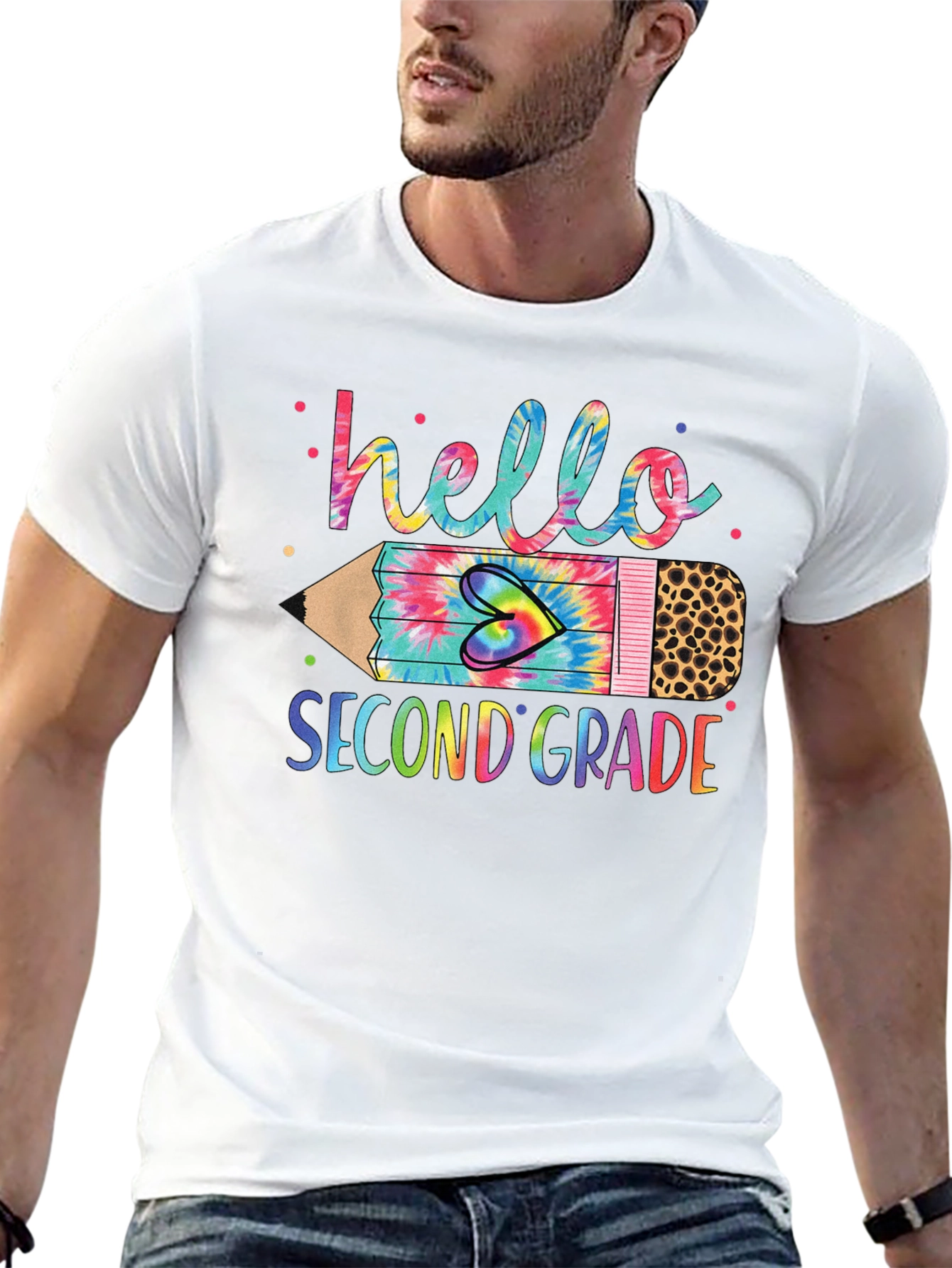 Hello Second Grade Tie Dye Pencil T-Shirt