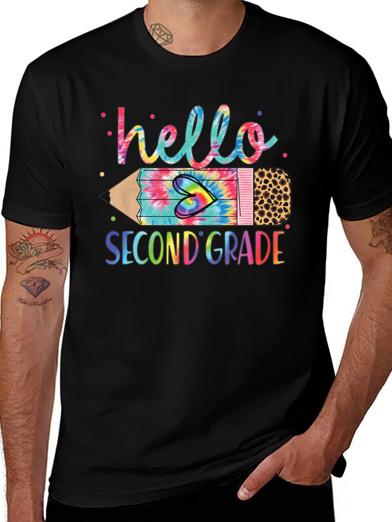 Hello Second Grade Tie Dye Pencil T-Shirt