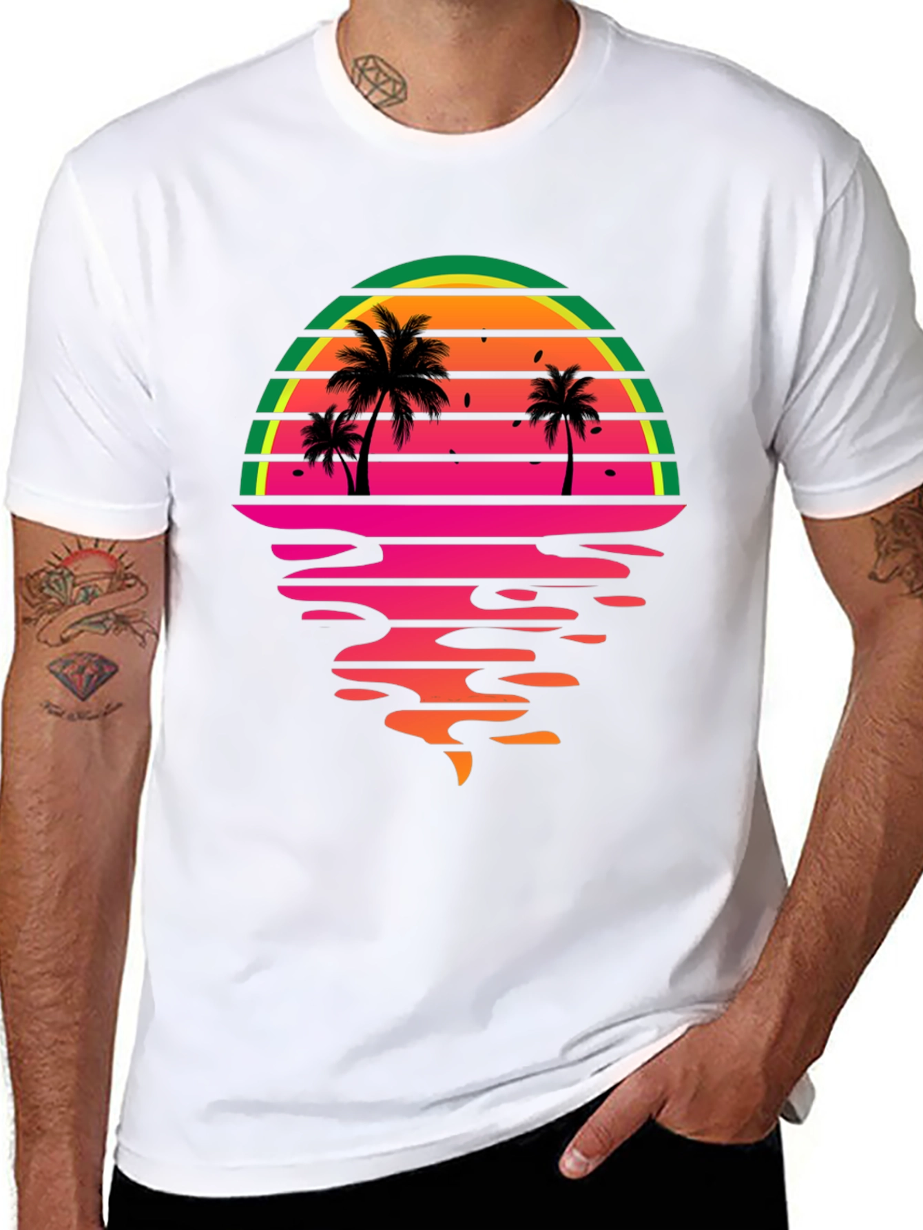 Retro Sunset Palm Tree Graphic Tee - Black