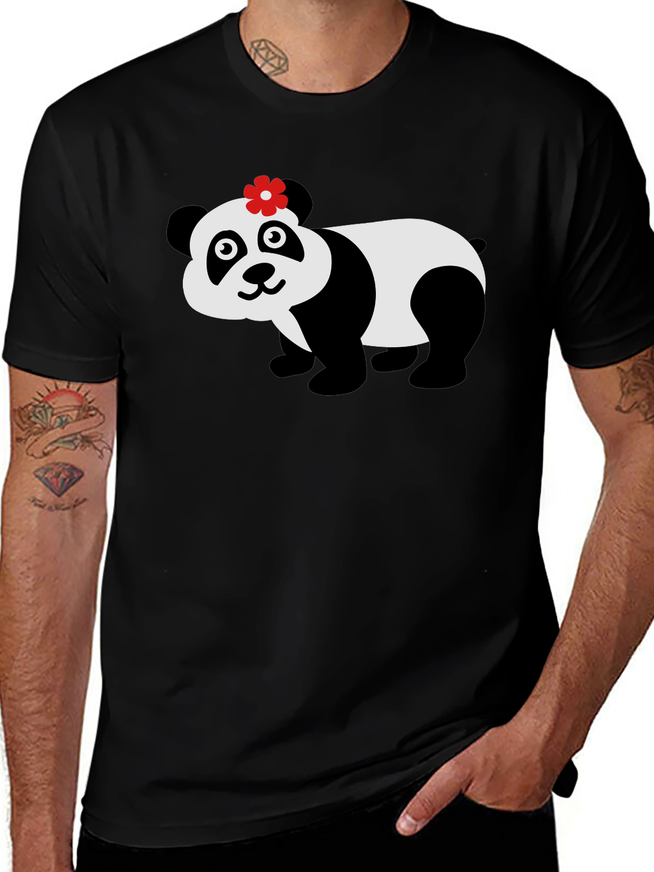 Cute Panda Bear Graphic Tee - Black Cotton T-Shirt