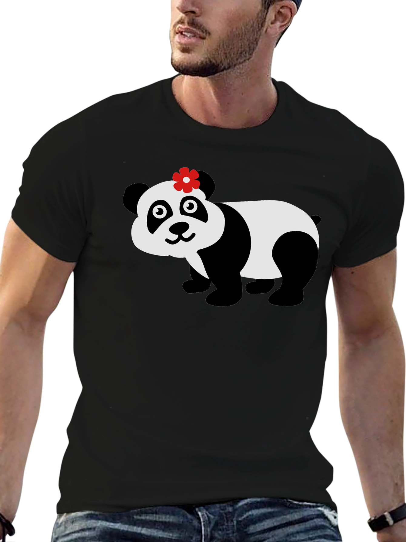 Cute Panda Bear Graphic Tee - Black Cotton T-Shirt