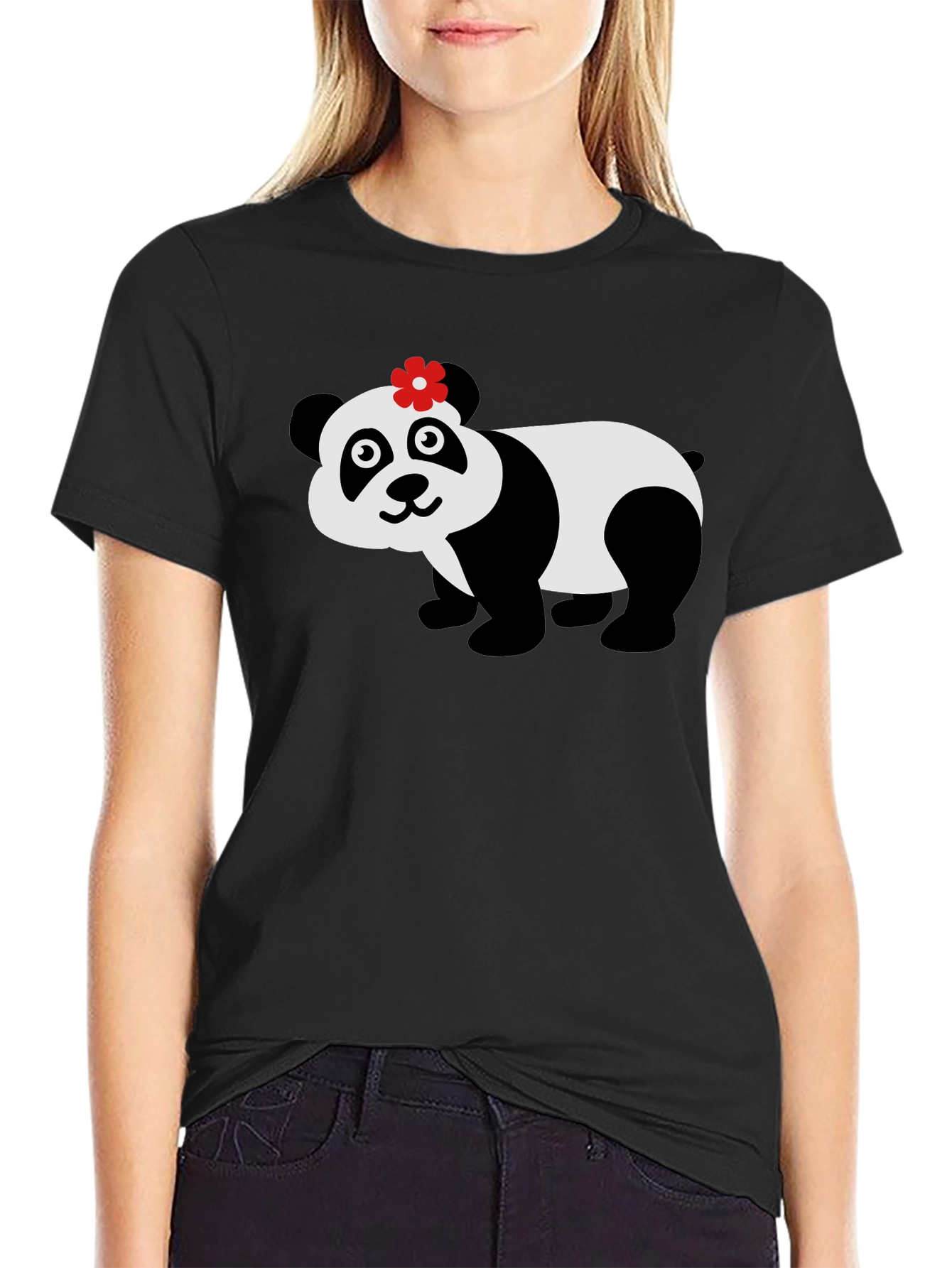 Cute Panda Bear Graphic Tee - Black Cotton T-Shirt