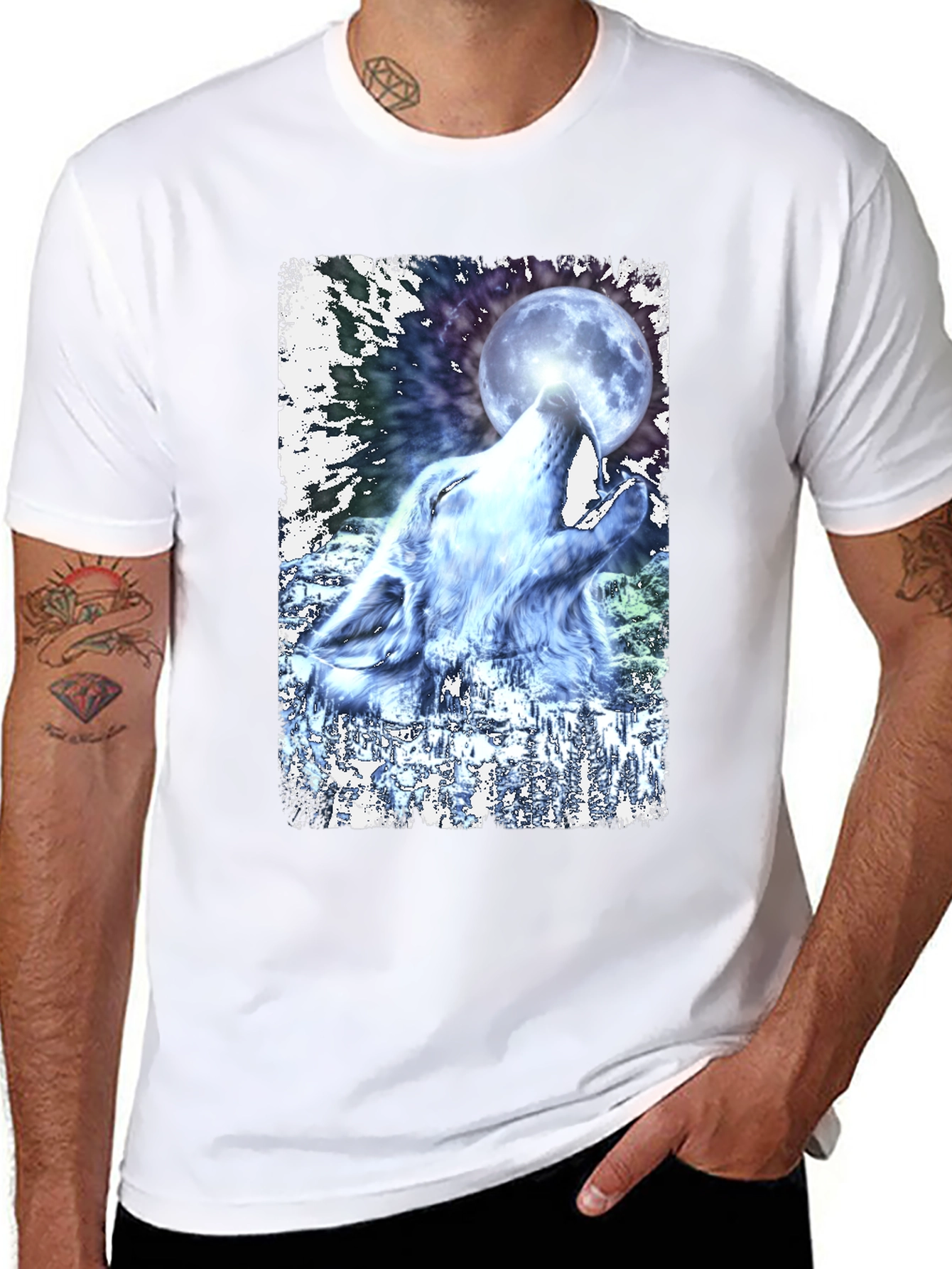 Wolf Howling at Moon Graphic Black T-Shirt