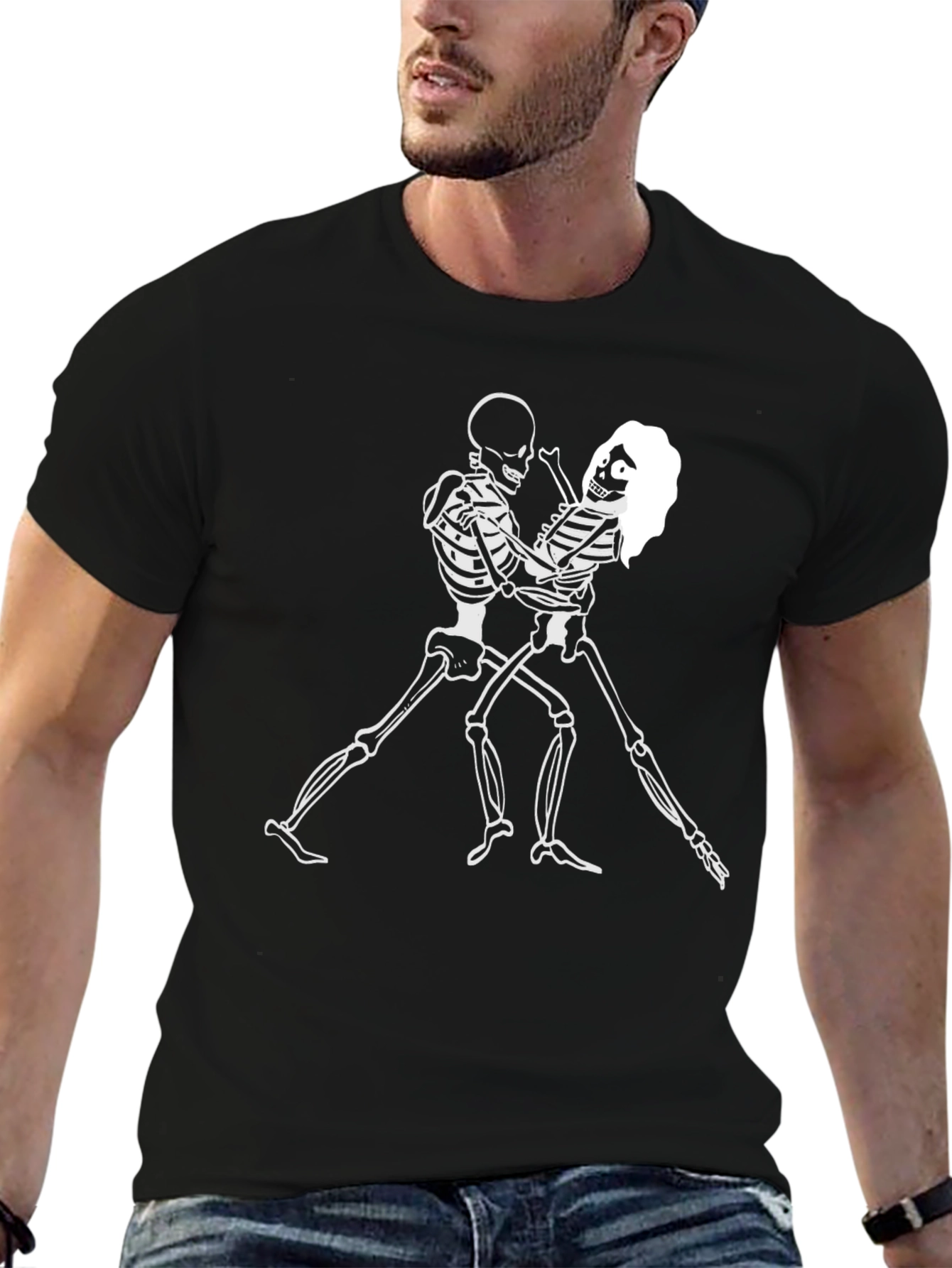 Dancing Skeletons Graphic Tee - Black Crewneck Shirt