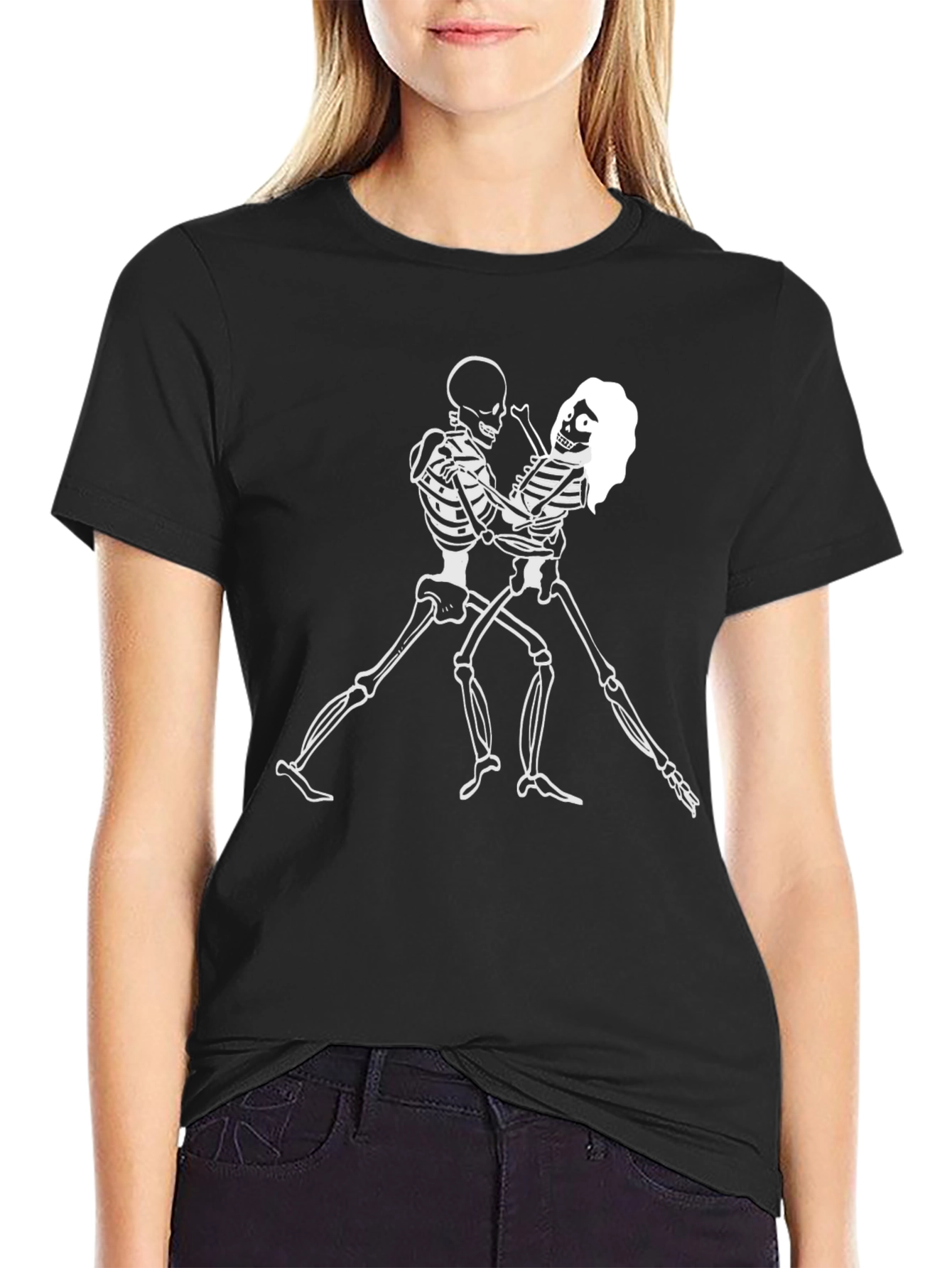 Dancing Skeletons Graphic Tee - Black Crewneck Shirt