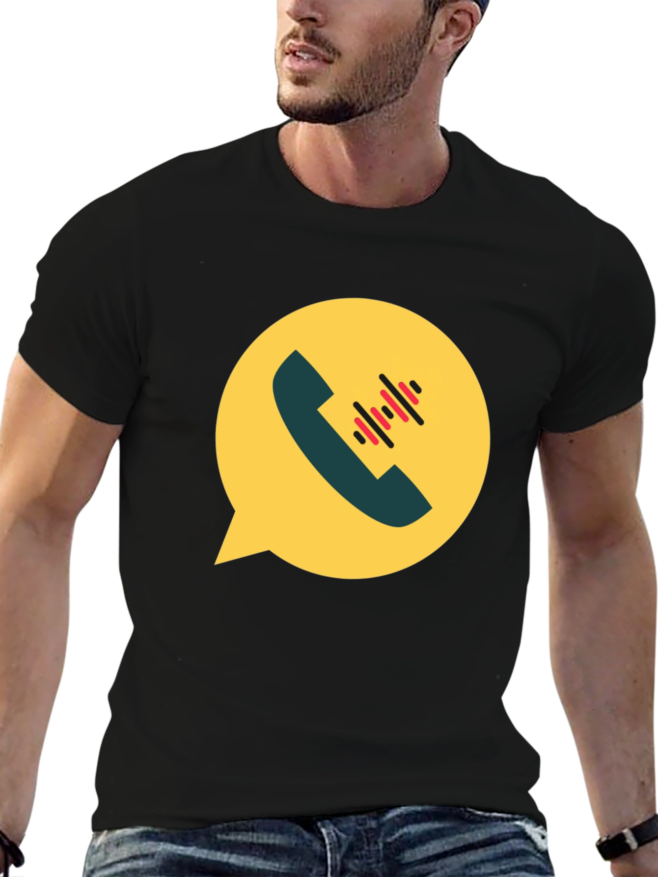 Modern Black T-Shirt with Phone Call Graphic