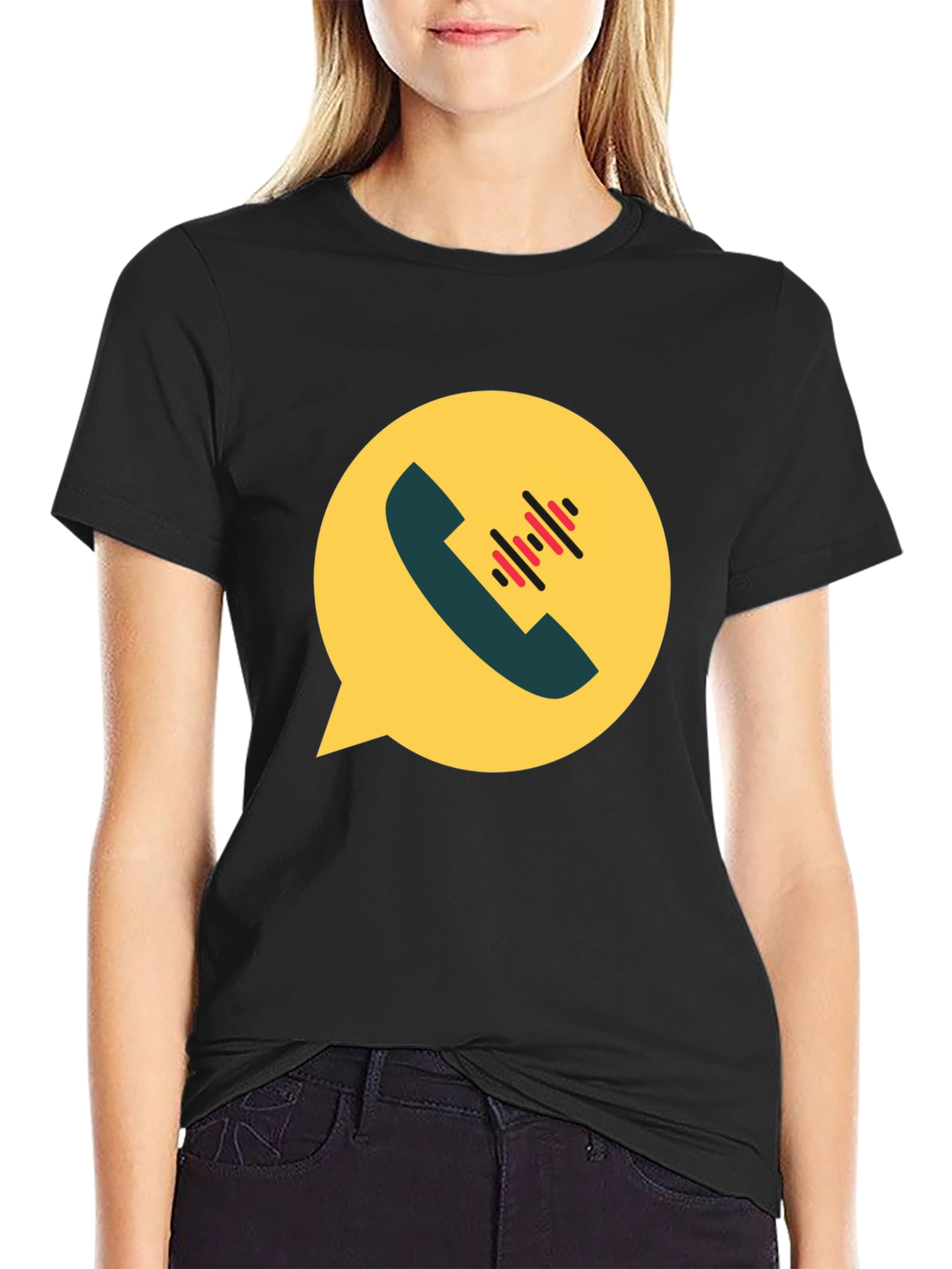 Modern Black T-Shirt with Phone Call Graphic