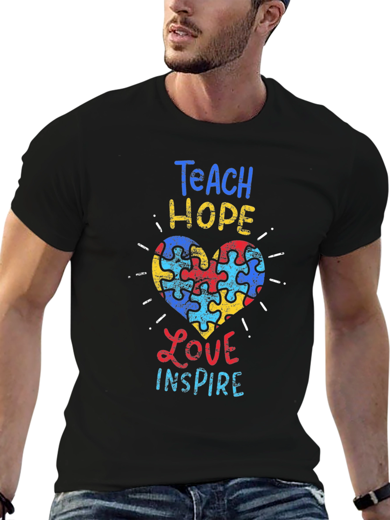 Teach Hope Love Inspire Autism Awareness Puzzle Heart T-Shirt