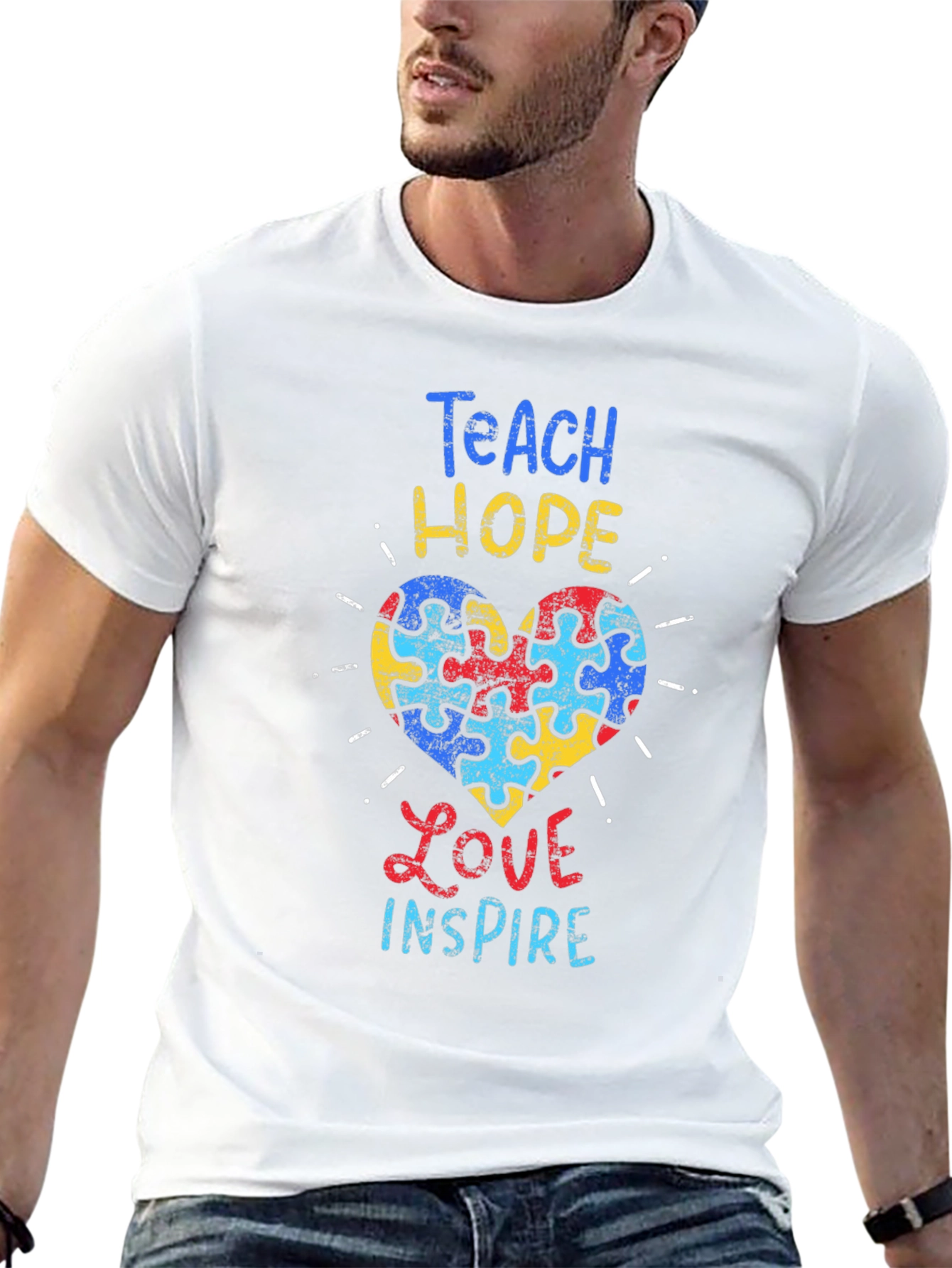 Teach Hope Love Inspire Autism Awareness Puzzle Heart T-Shirt