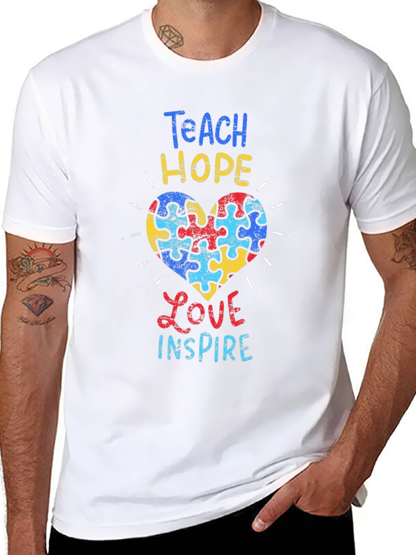Teach Hope Love Inspire Autism Awareness Puzzle Heart T-Shirt