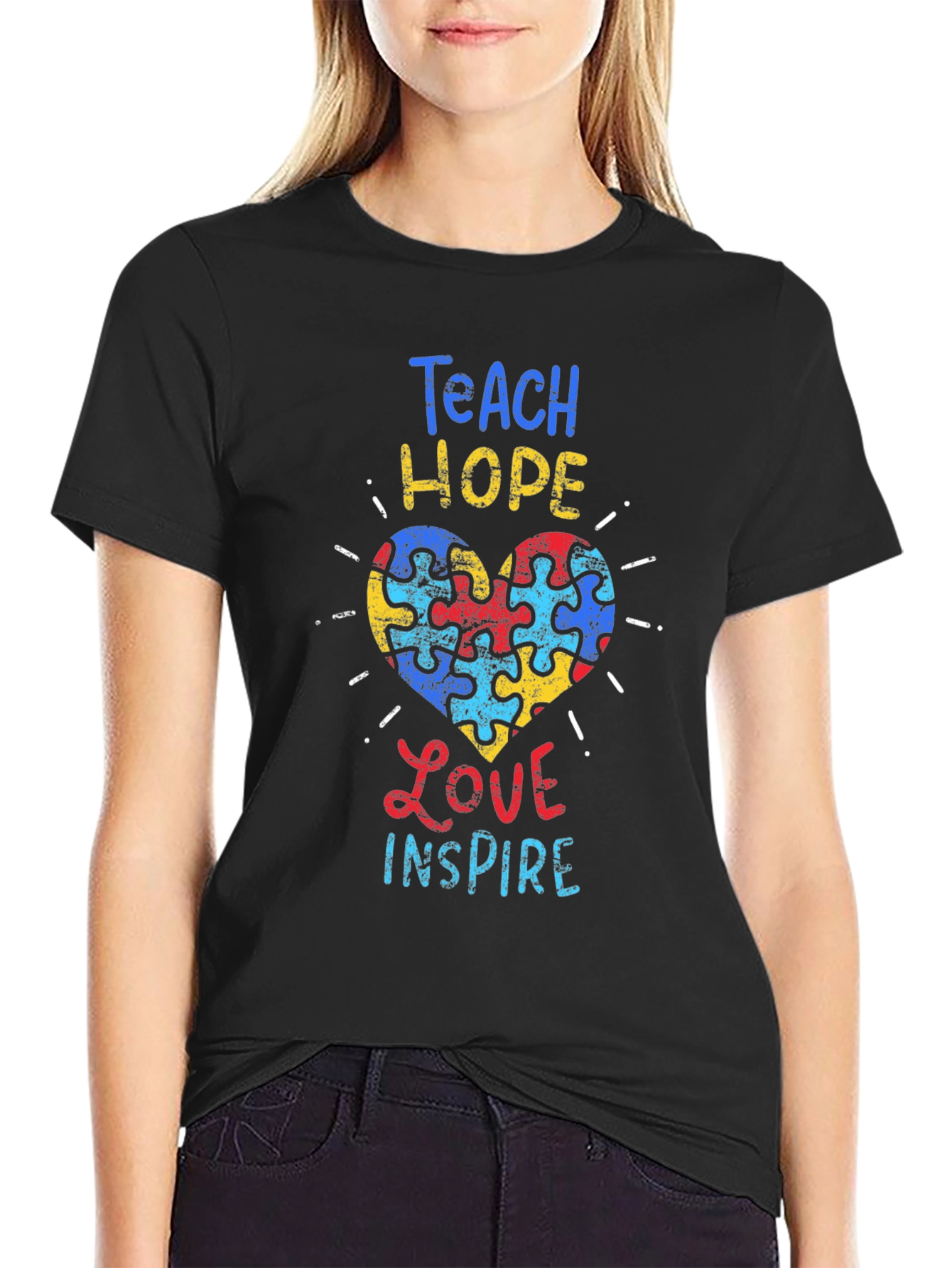 Teach Hope Love Inspire Autism Awareness Puzzle Heart T-Shirt