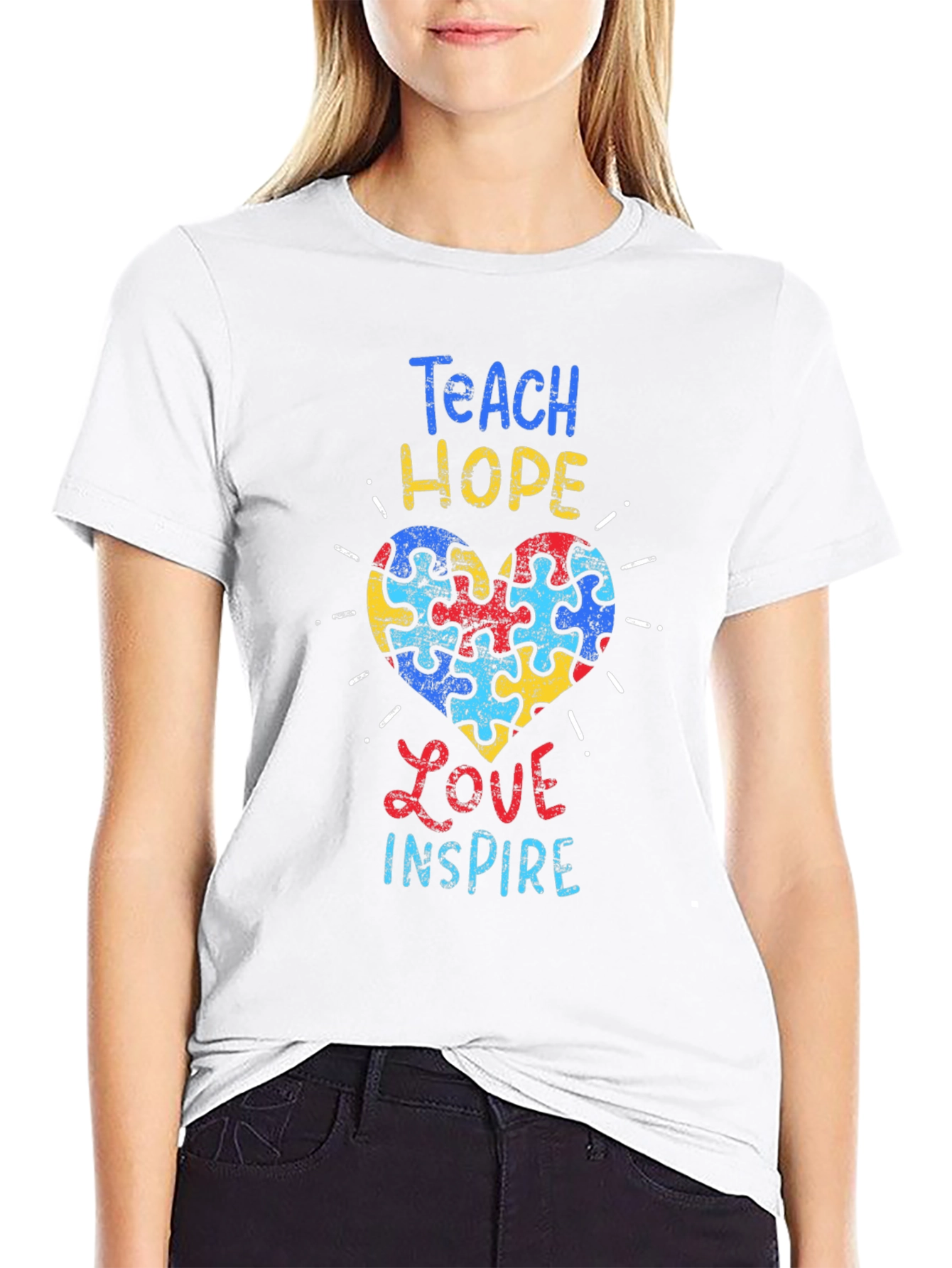 Teach Hope Love Inspire Autism Awareness Puzzle Heart T-Shirt