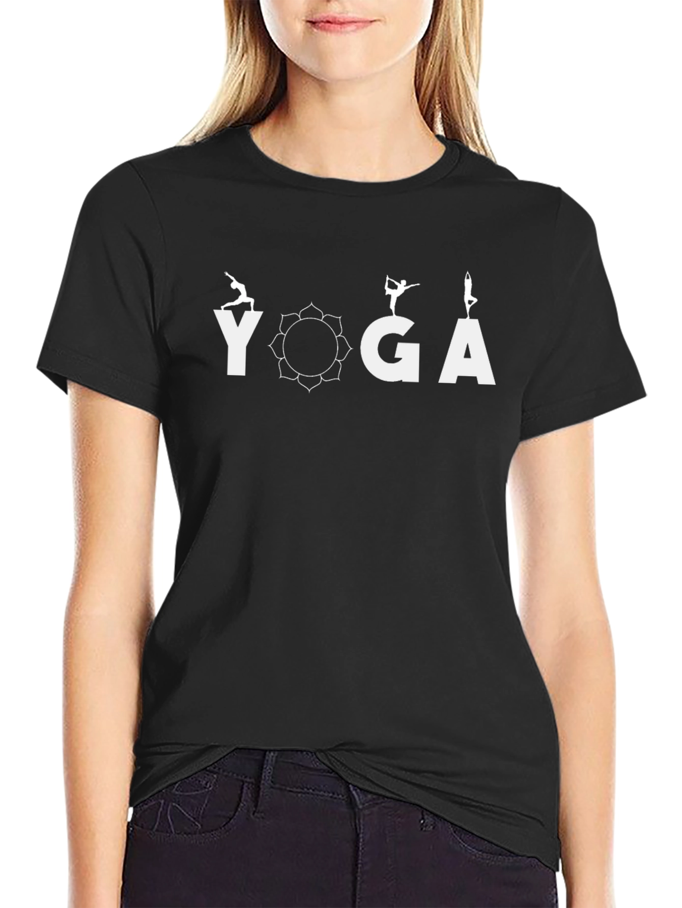 Yoga Pose T-Shirt - Black Cotton Blend Meditative Design