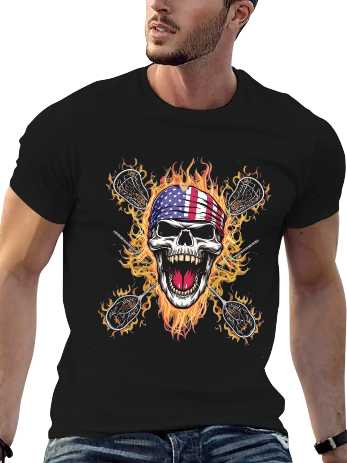American Flag Skull Lacrosse T-Shirt
