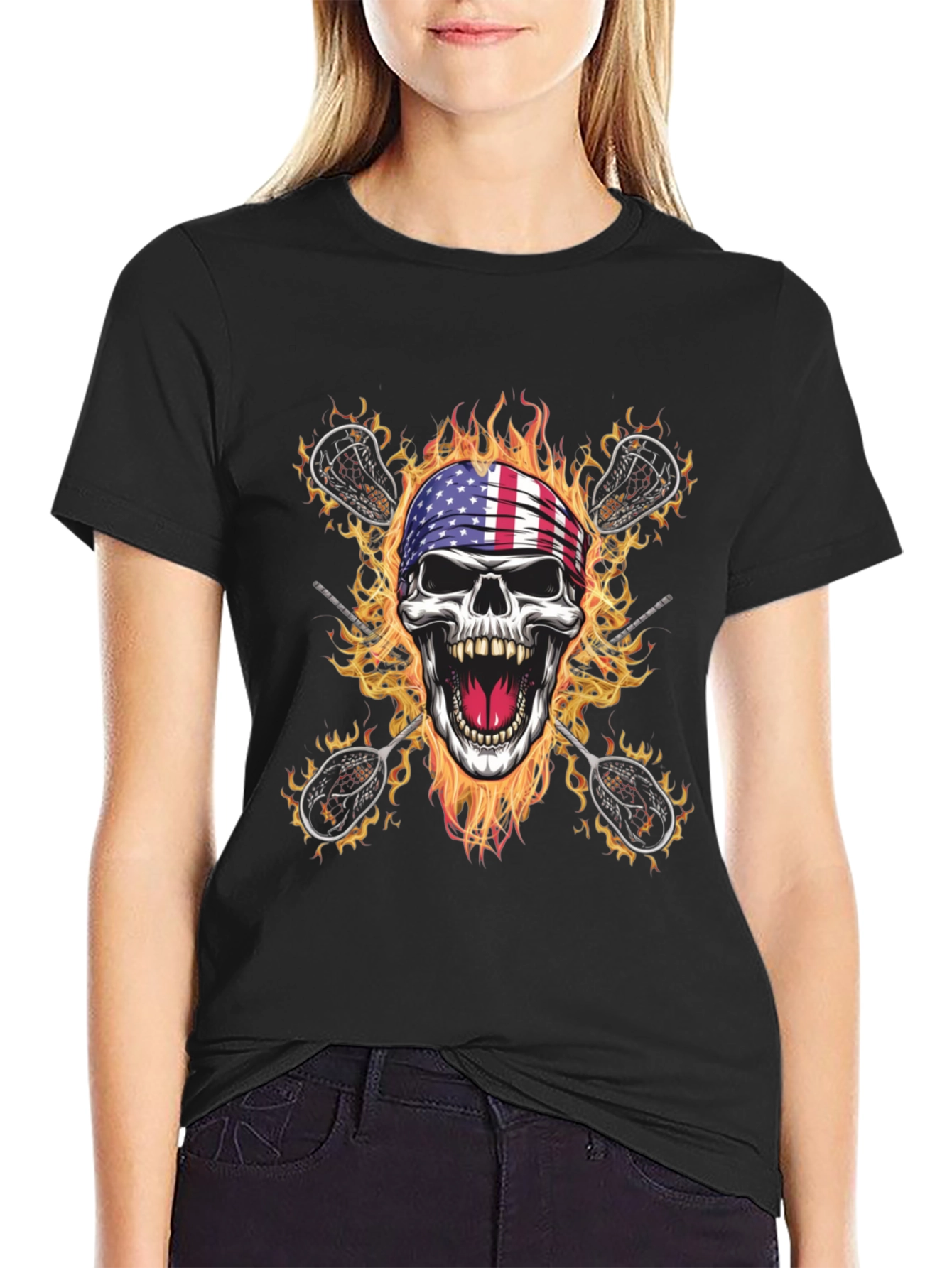 American Flag Skull Lacrosse T-Shirt