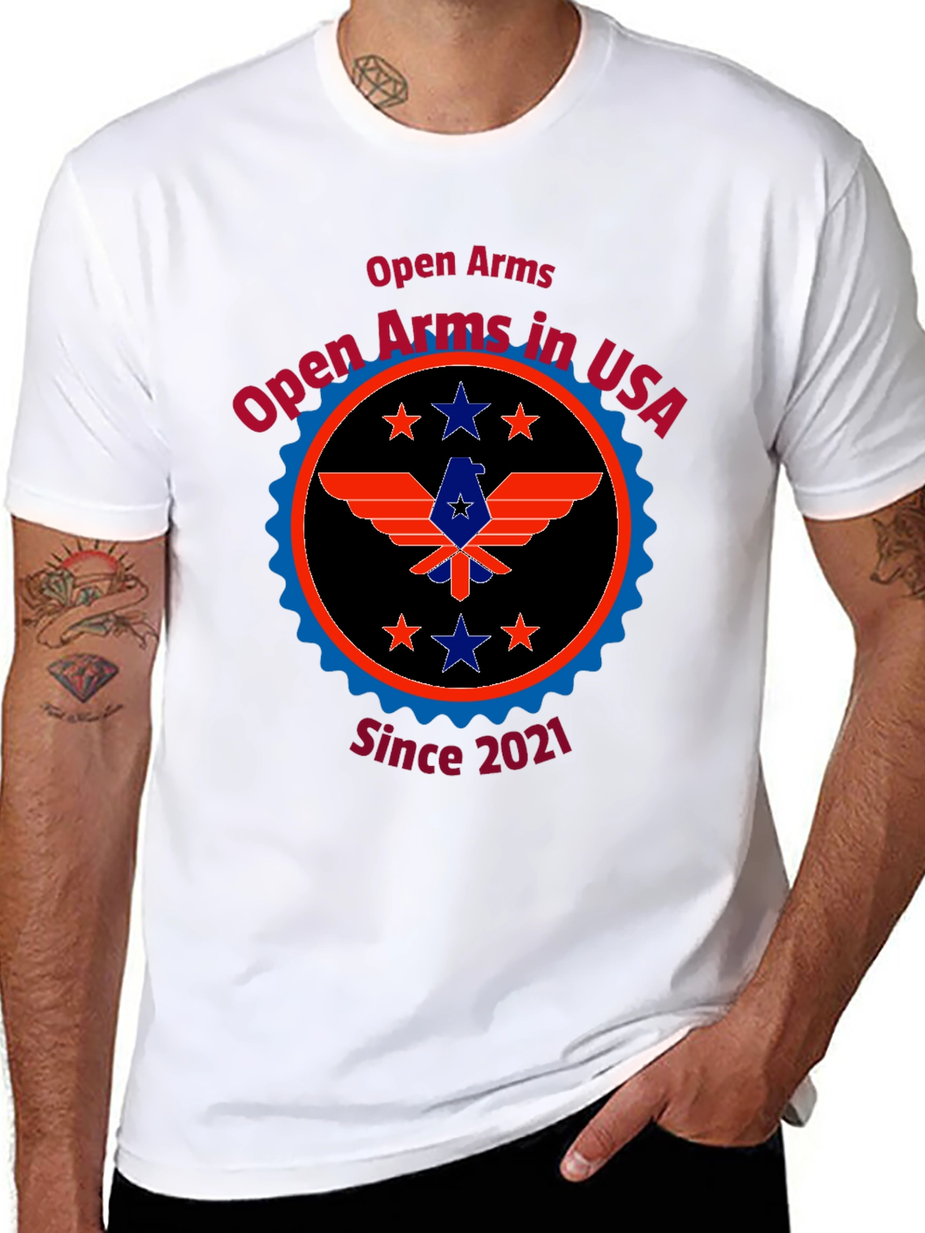Open Arms in USA Black Tee - Patriotic Design