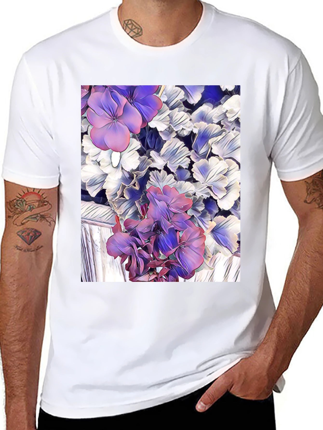 Floral Print Black T-Shirt - Unique Artistic Design