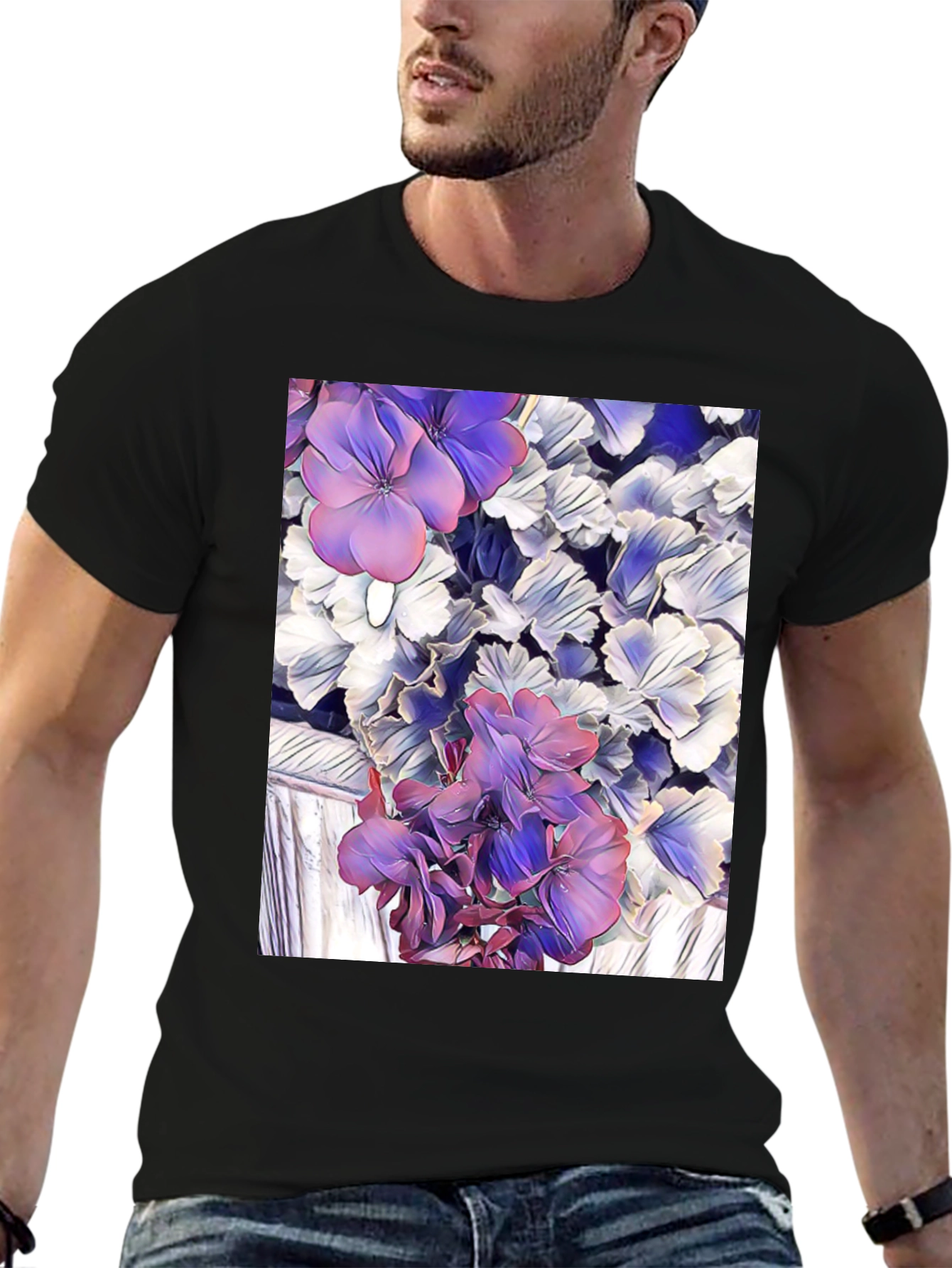 Floral Print Black T-Shirt - Unique Artistic Design