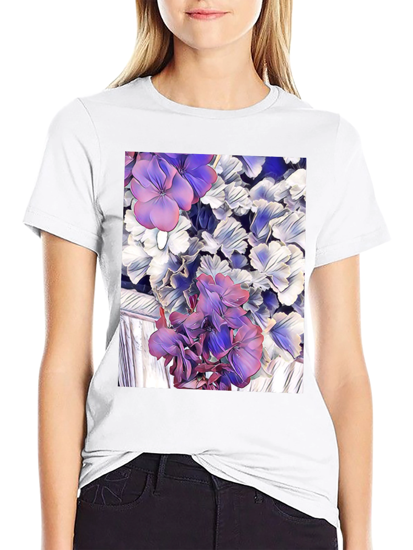 Floral Print Black T-Shirt - Unique Artistic Design