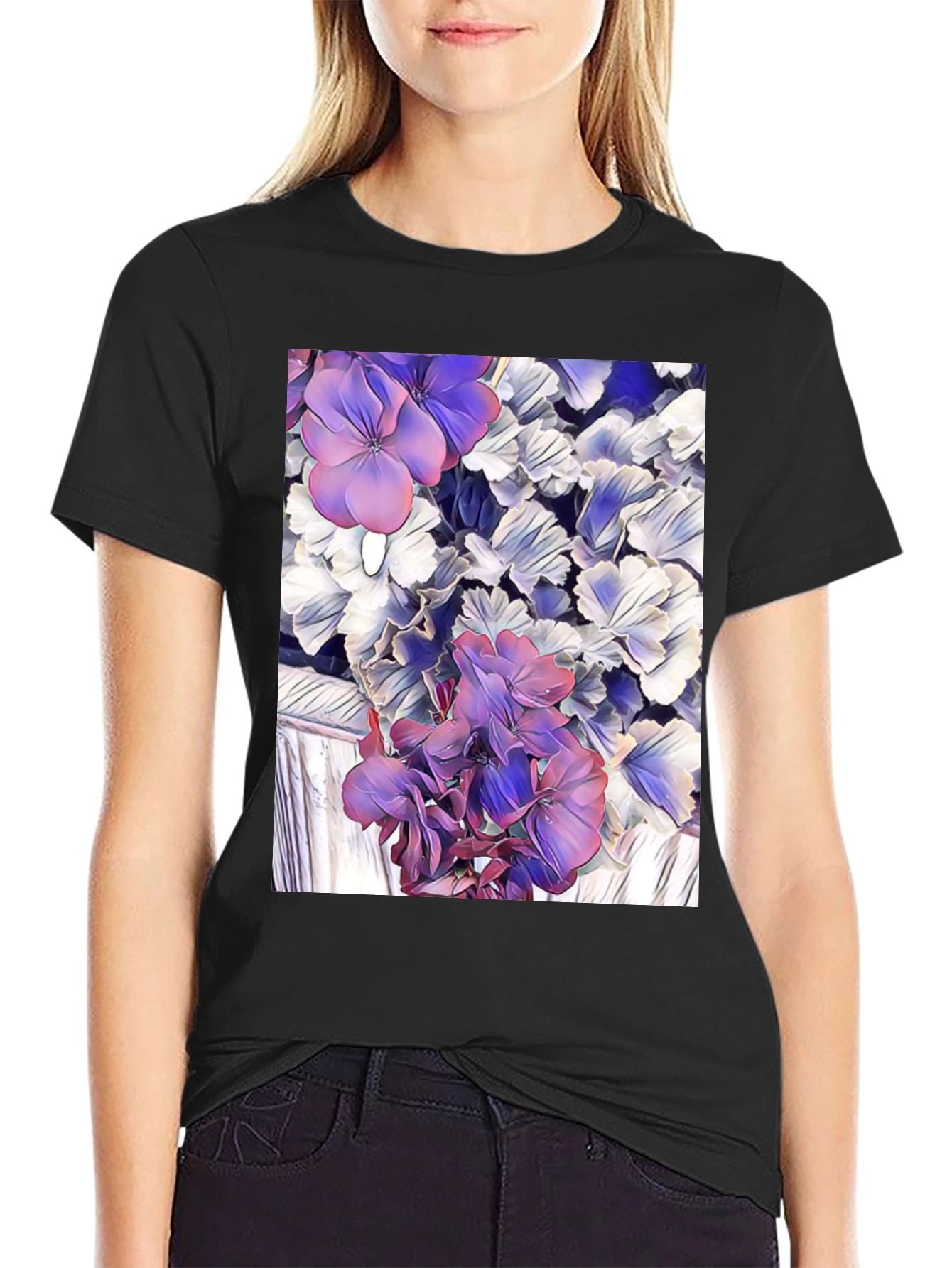 Floral Print Black T-Shirt - Unique Artistic Design