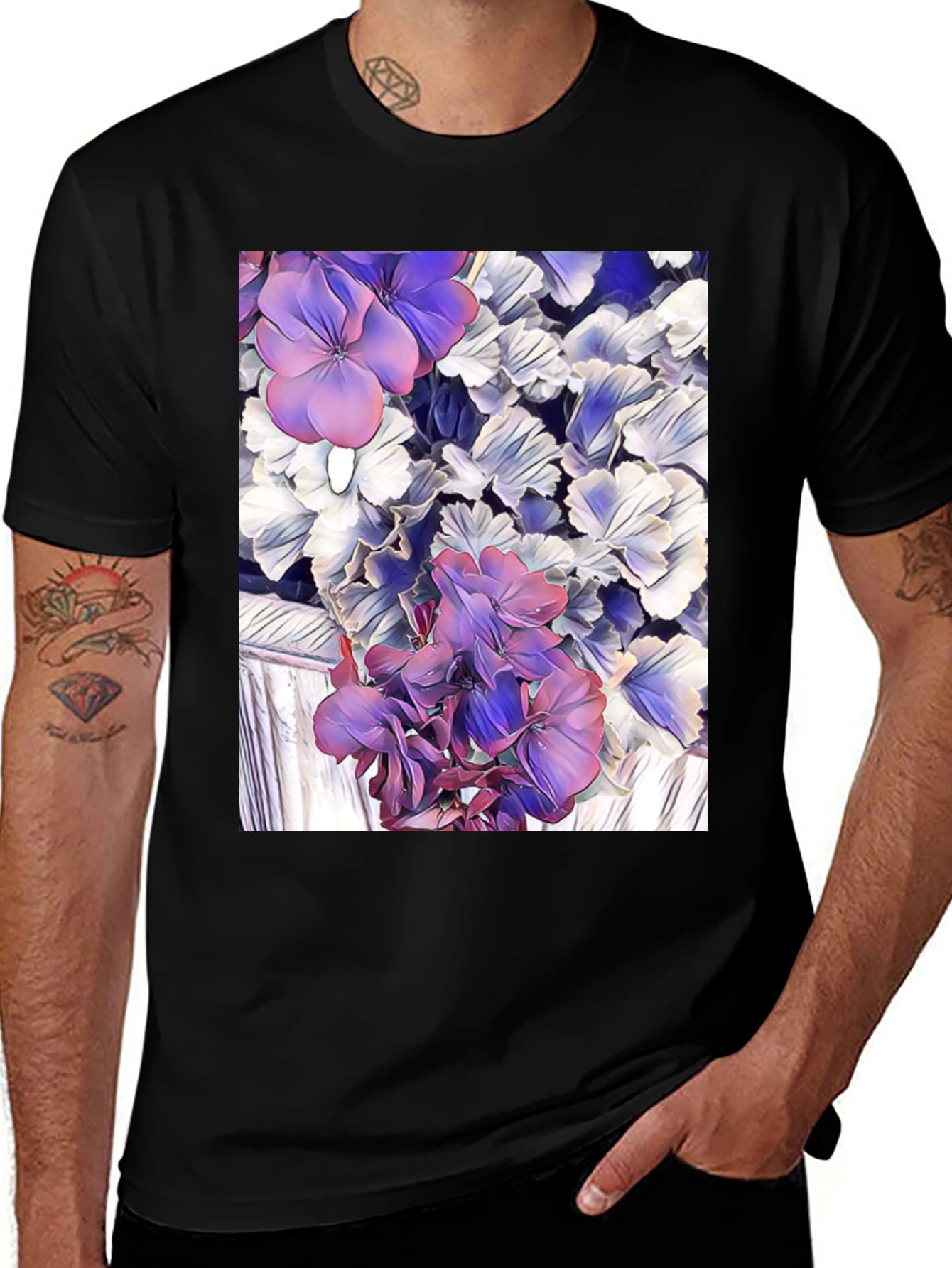 Floral Print Black T-Shirt - Unique Artistic Design
