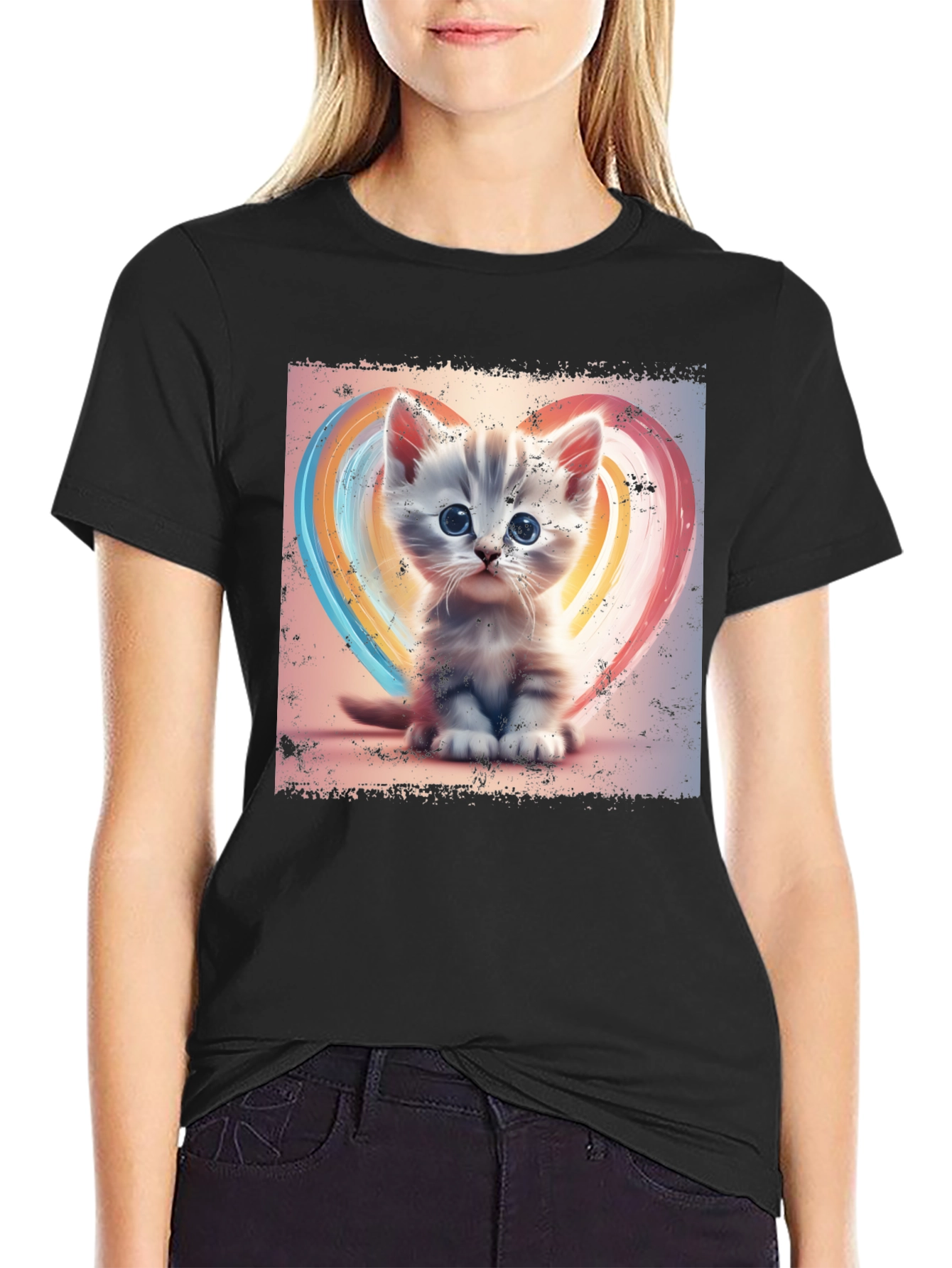 Cute Kitten Heart T-Shirt - Soft Black Cotton Tee
