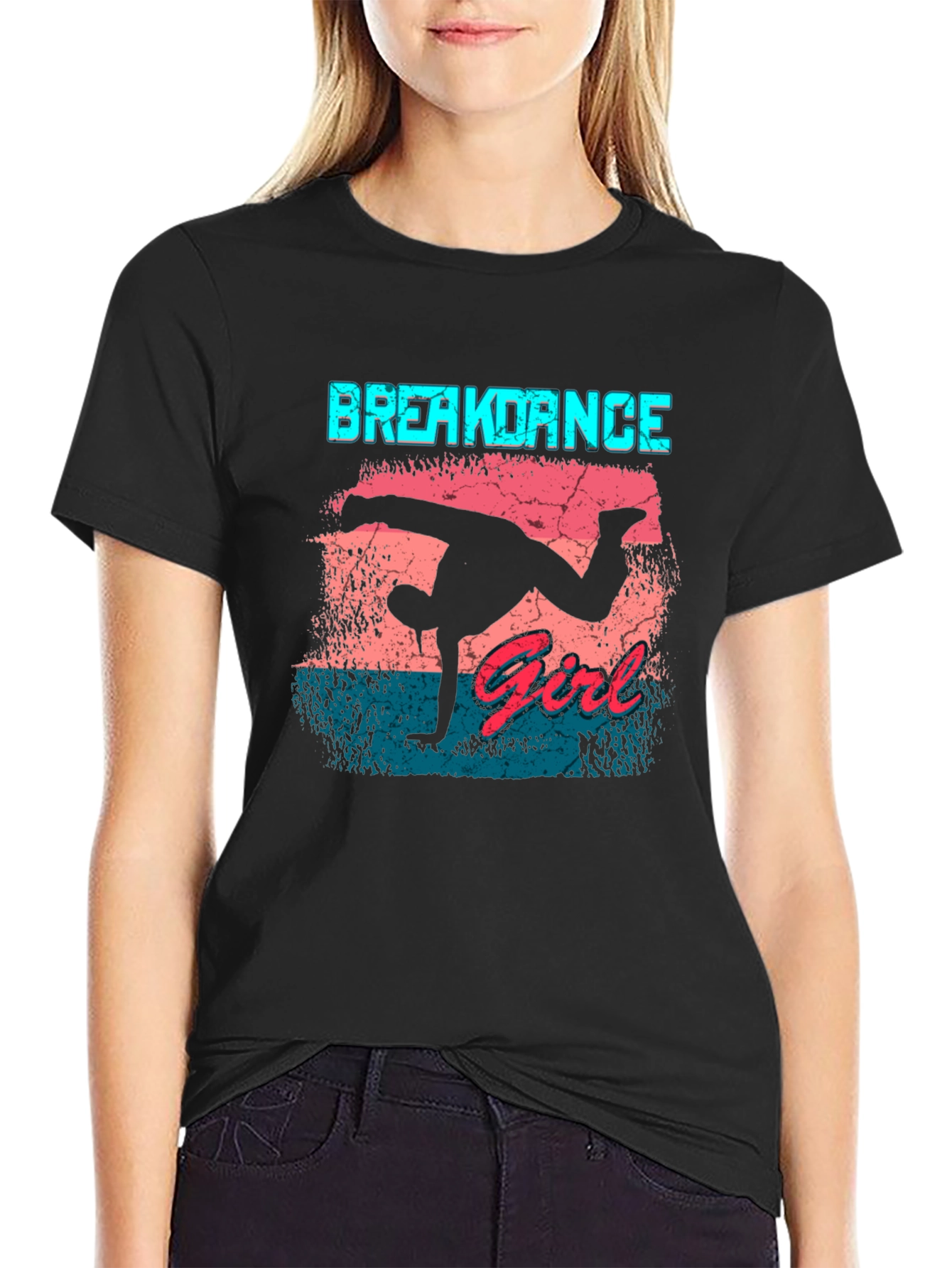 Breakdance Girl Graphic Tee - Black Cotton Casual