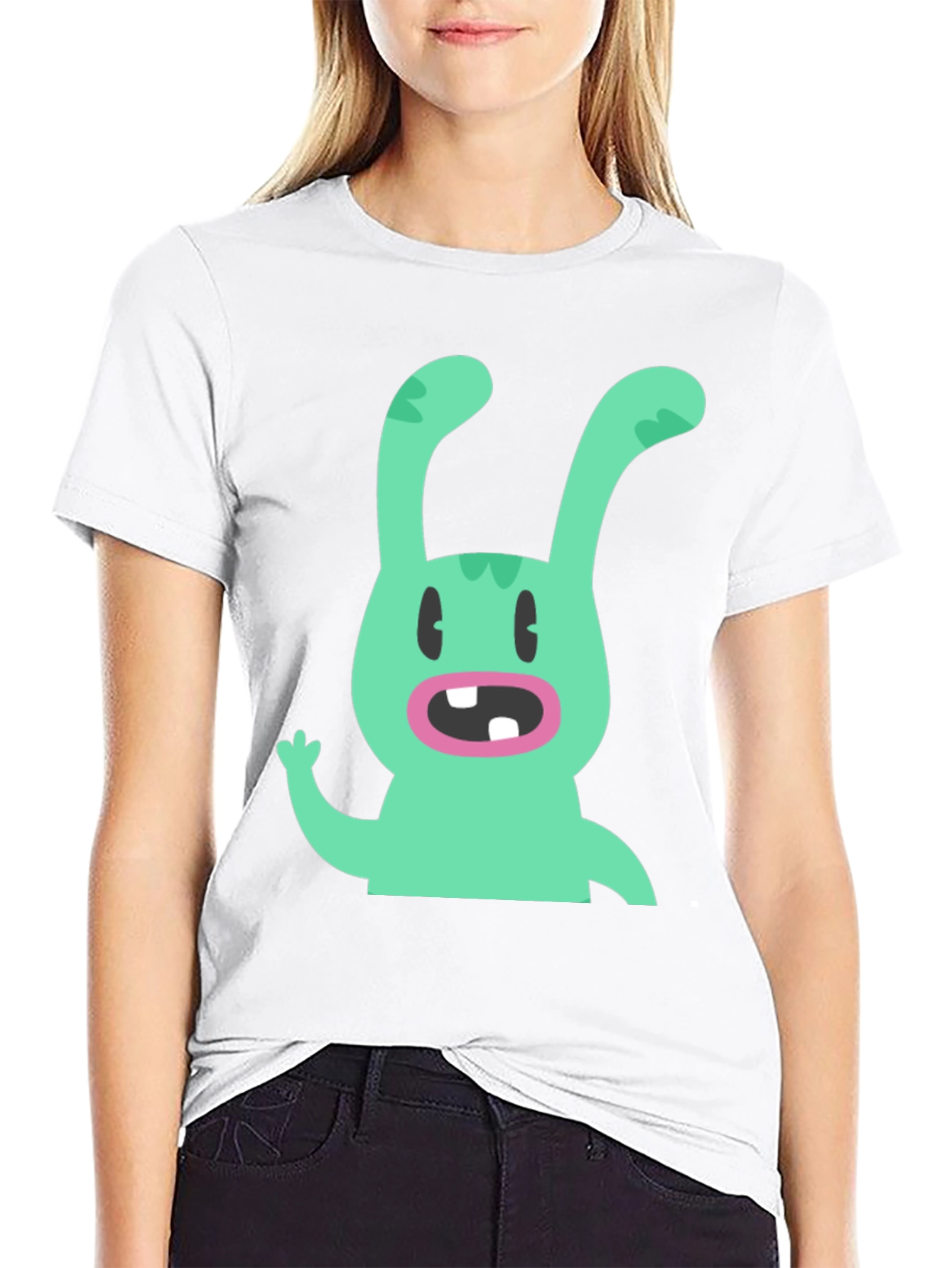 Cartoon Rabbit Graphic Tee - Black Cotton T-Shirt