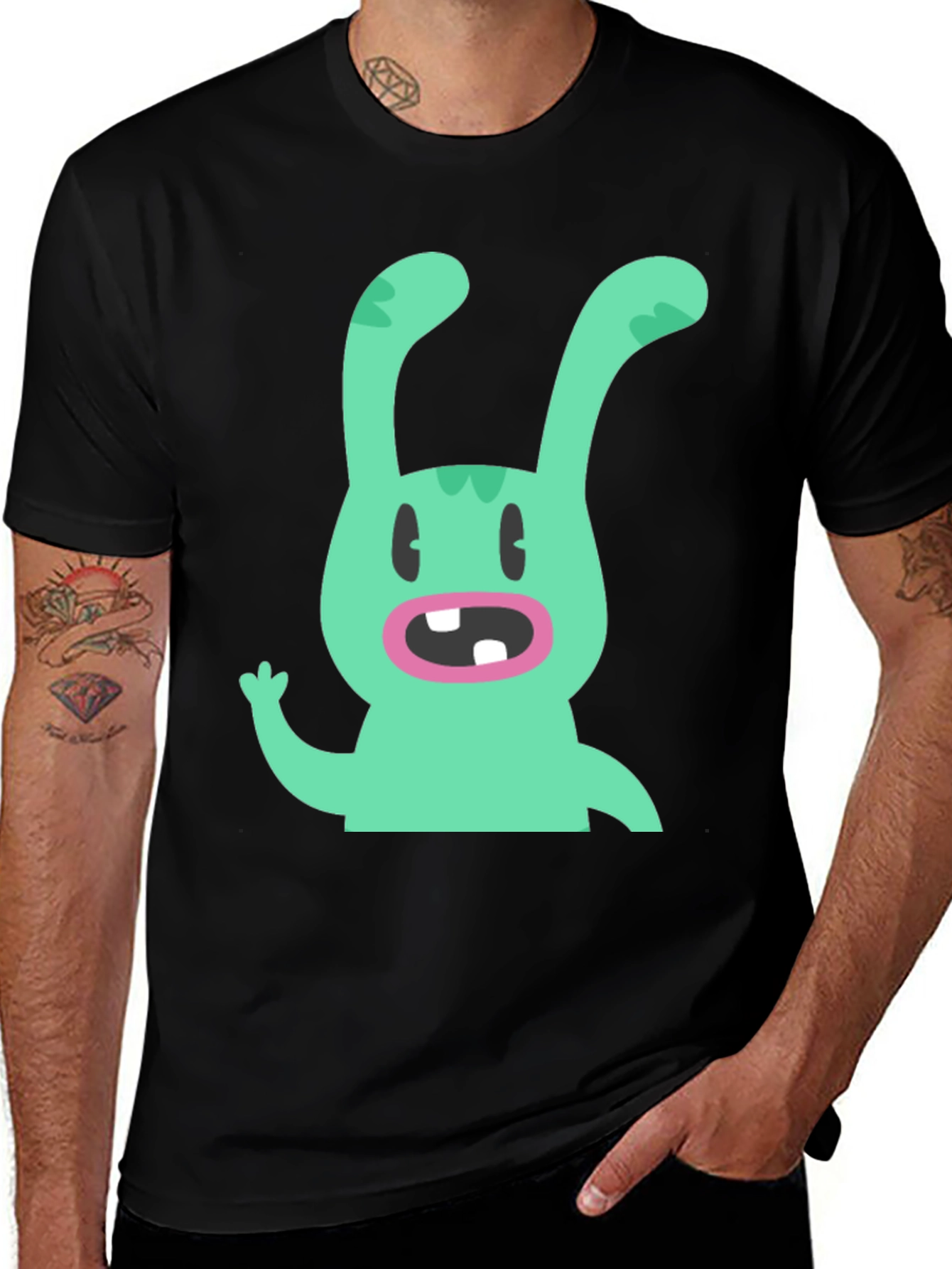 Cartoon Rabbit Graphic Tee - Black Cotton T-Shirt
