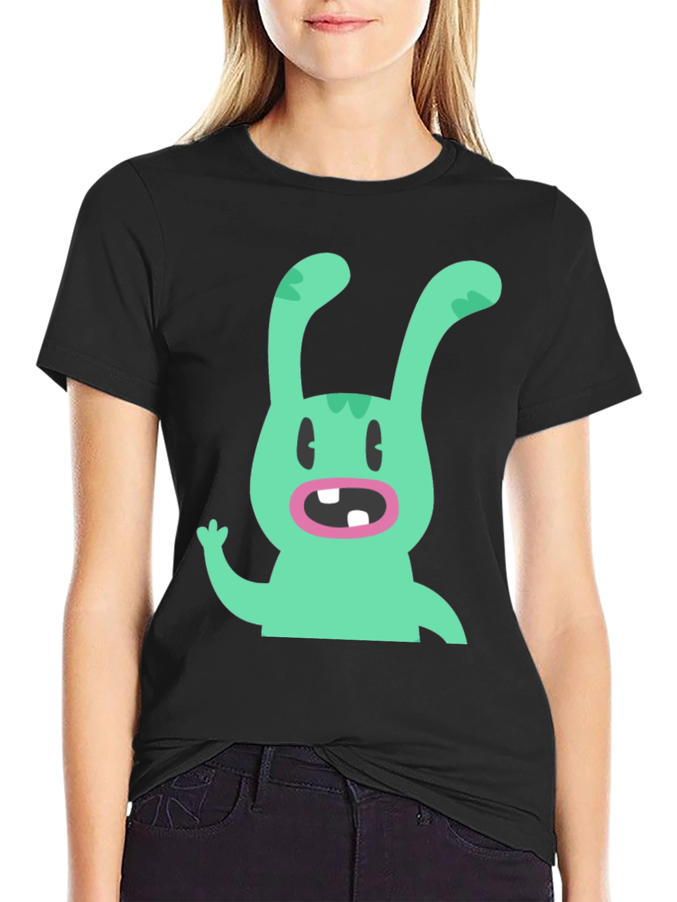 Cartoon Rabbit Graphic Tee - Black Cotton T-Shirt