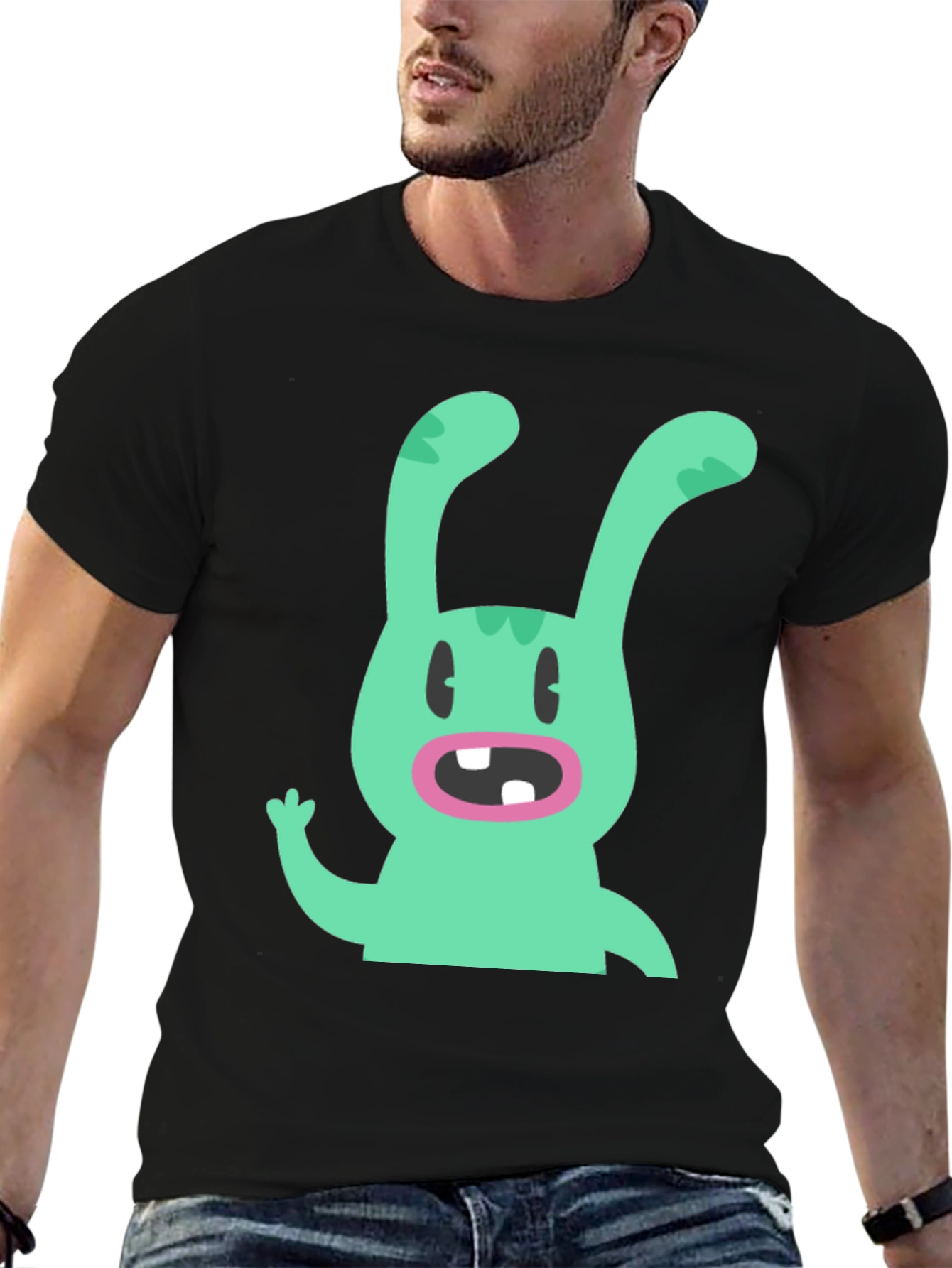 Cartoon Rabbit Graphic Tee - Black Cotton T-Shirt