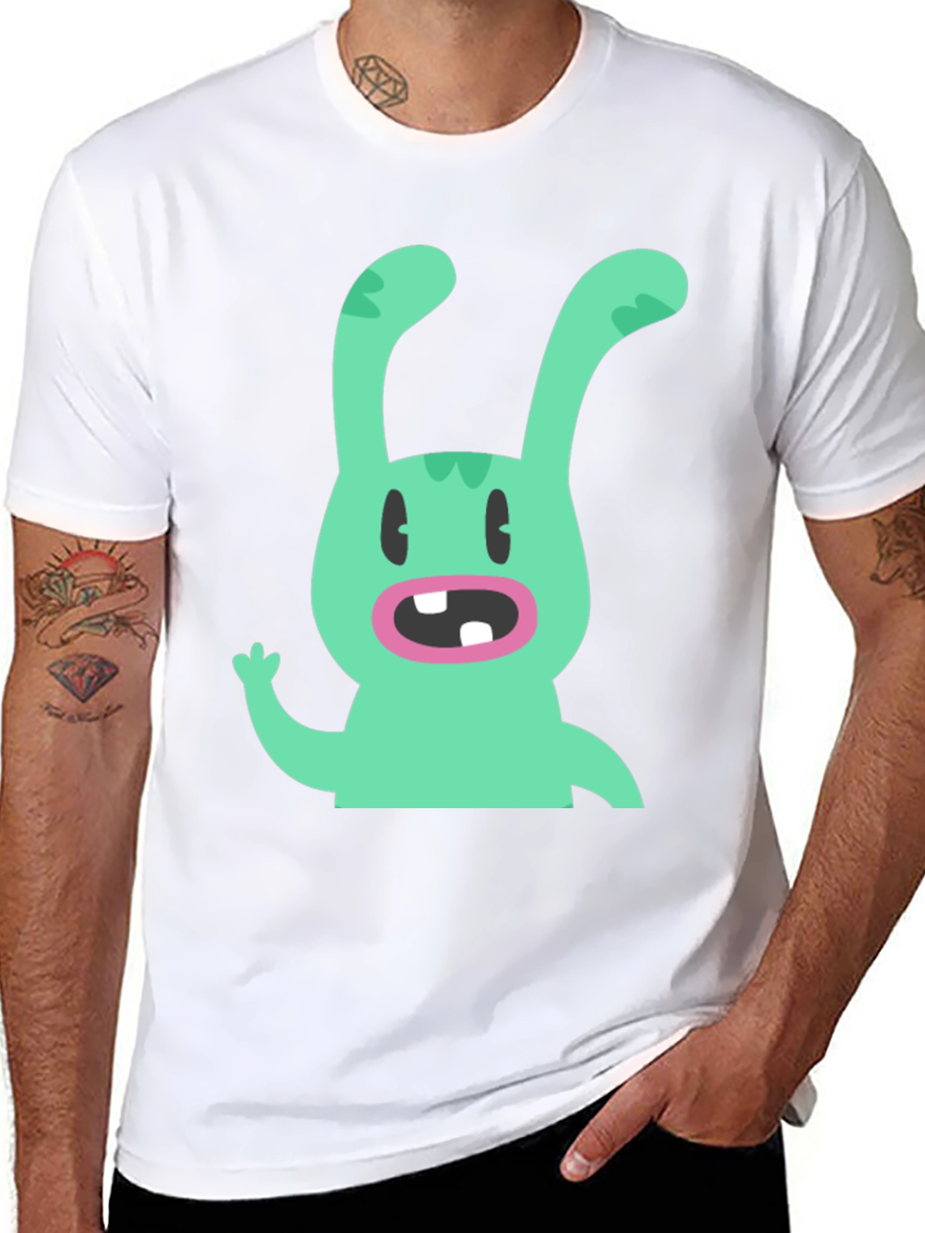 Cartoon Rabbit Graphic Tee - Black Cotton T-Shirt