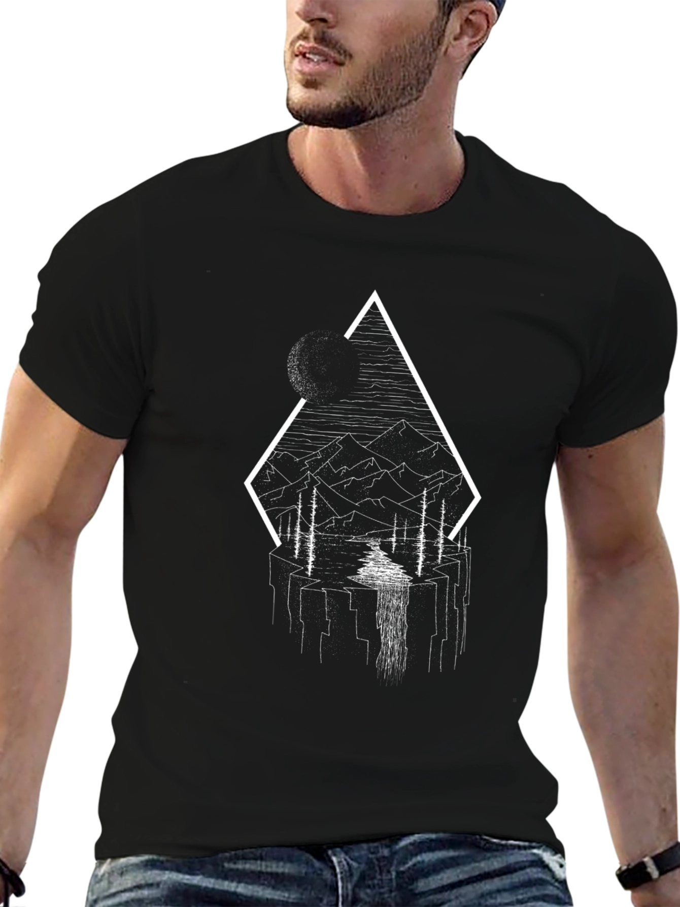 Abstract Mountain Landscape Graphic Tee - Black