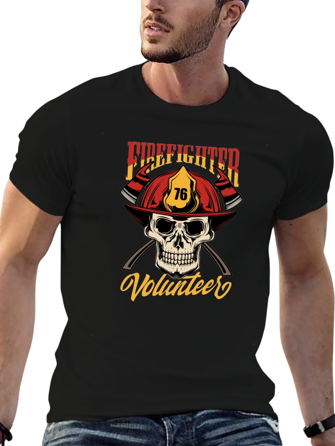 Firefighter Volunteer Skull Graphic T-Shirt