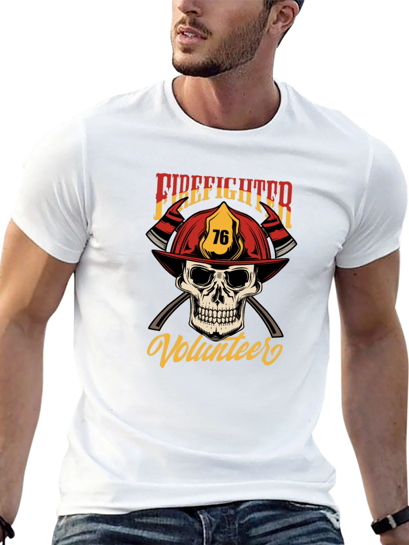 Firefighter Volunteer Skull Graphic T-Shirt