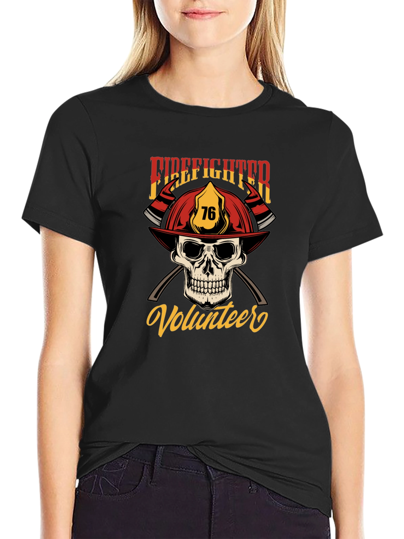 Firefighter Volunteer Skull Graphic T-Shirt