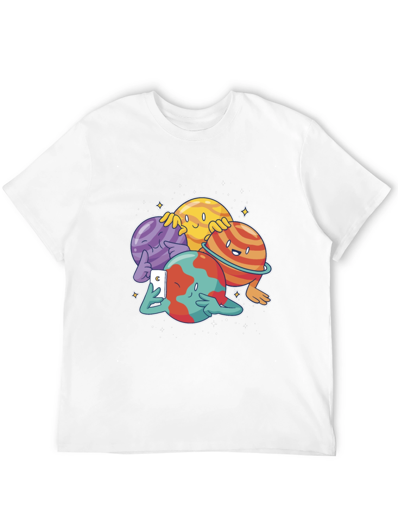 Cartoon Planets Selfie Black T-Shirt