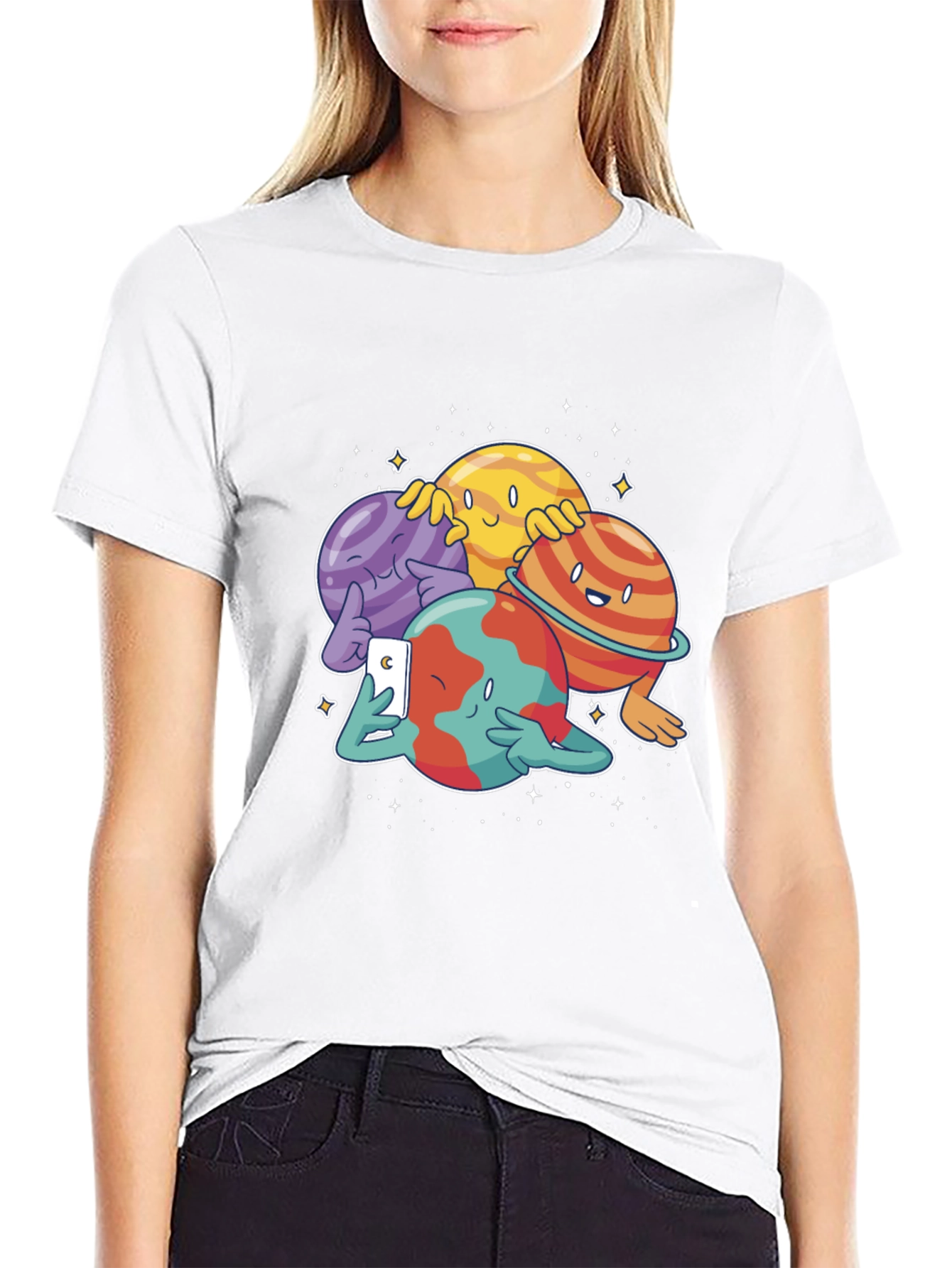 Cartoon Planets Selfie Black T-Shirt