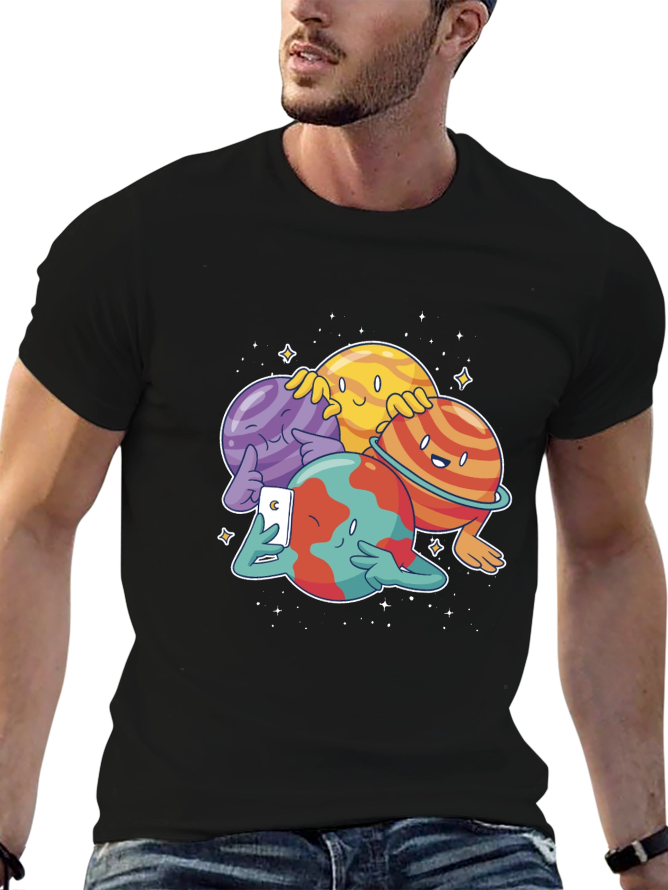 Cartoon Planets Selfie Black T-Shirt
