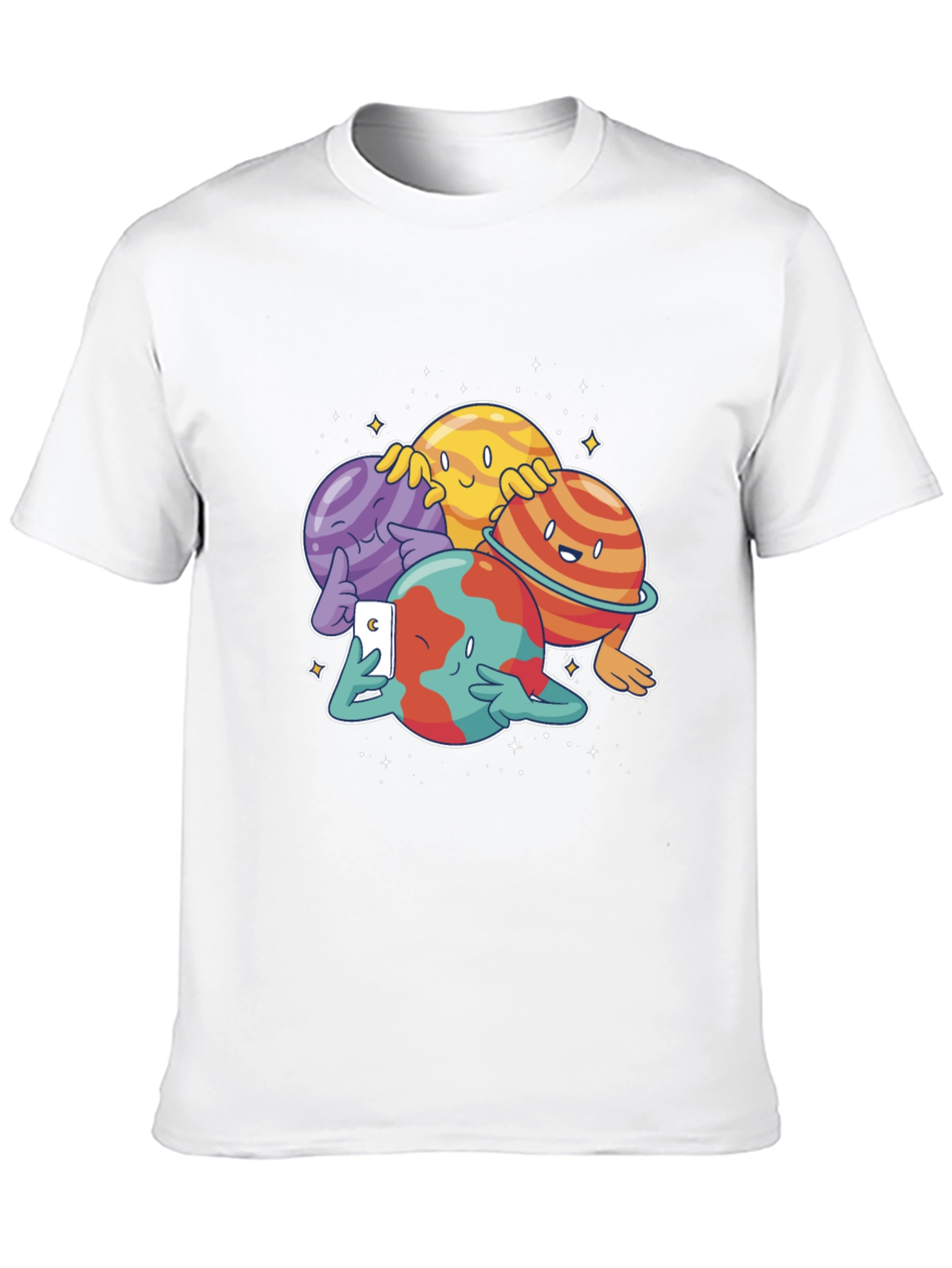 Cartoon Planets Selfie Black T-Shirt