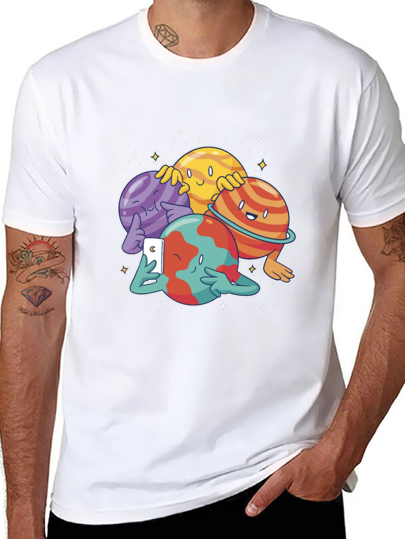 Cartoon Planets Selfie Black T-Shirt