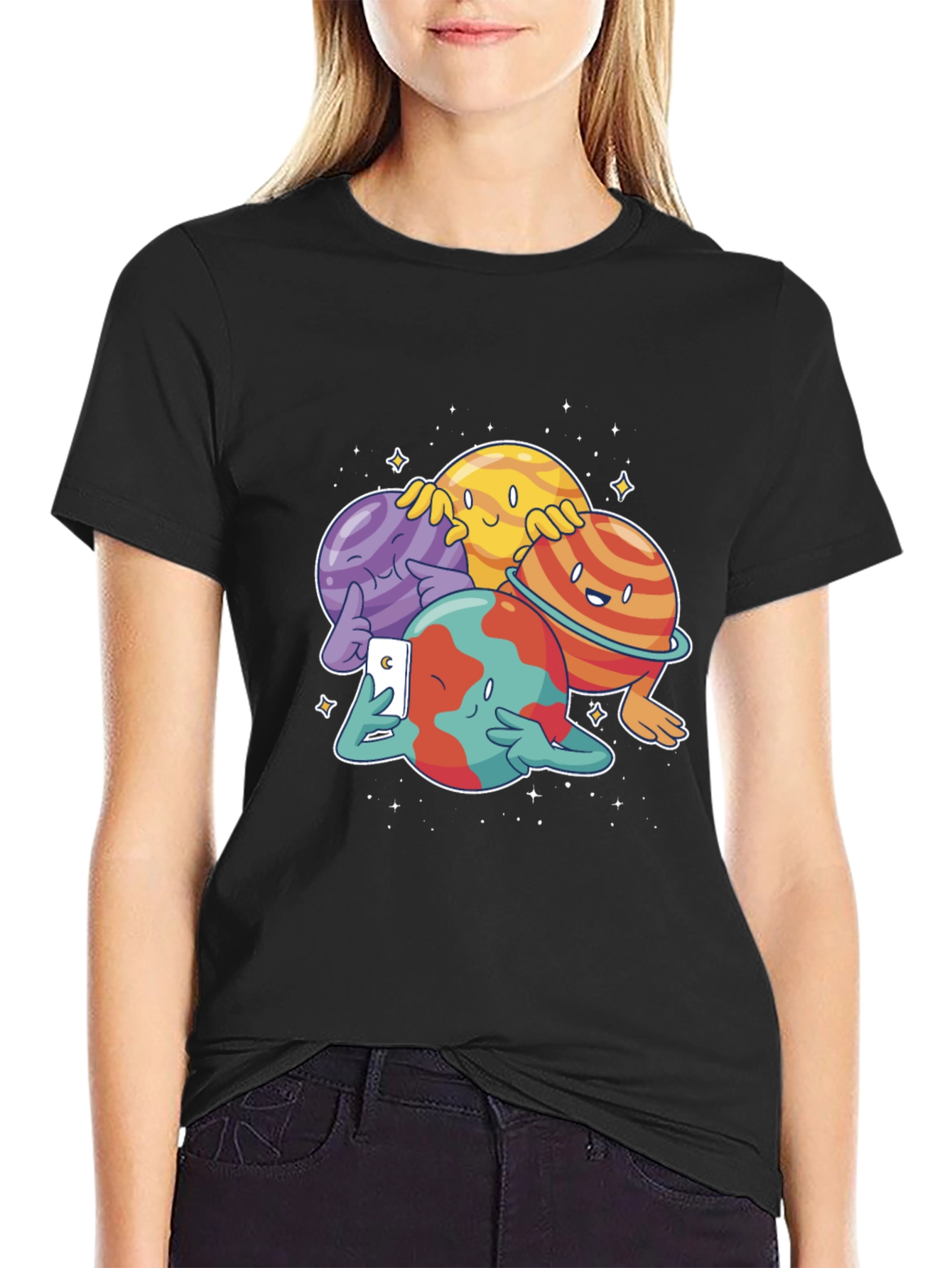 Cartoon Planets Selfie Black T-Shirt