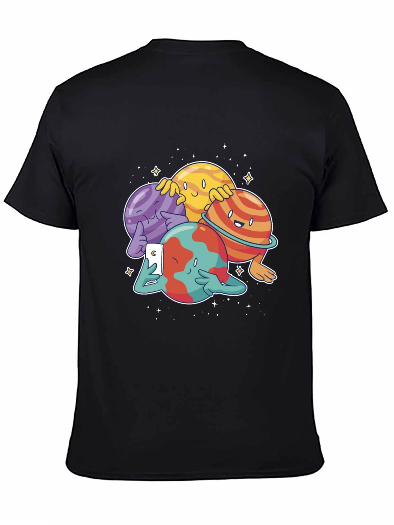 Cartoon Planets Selfie Black T-Shirt