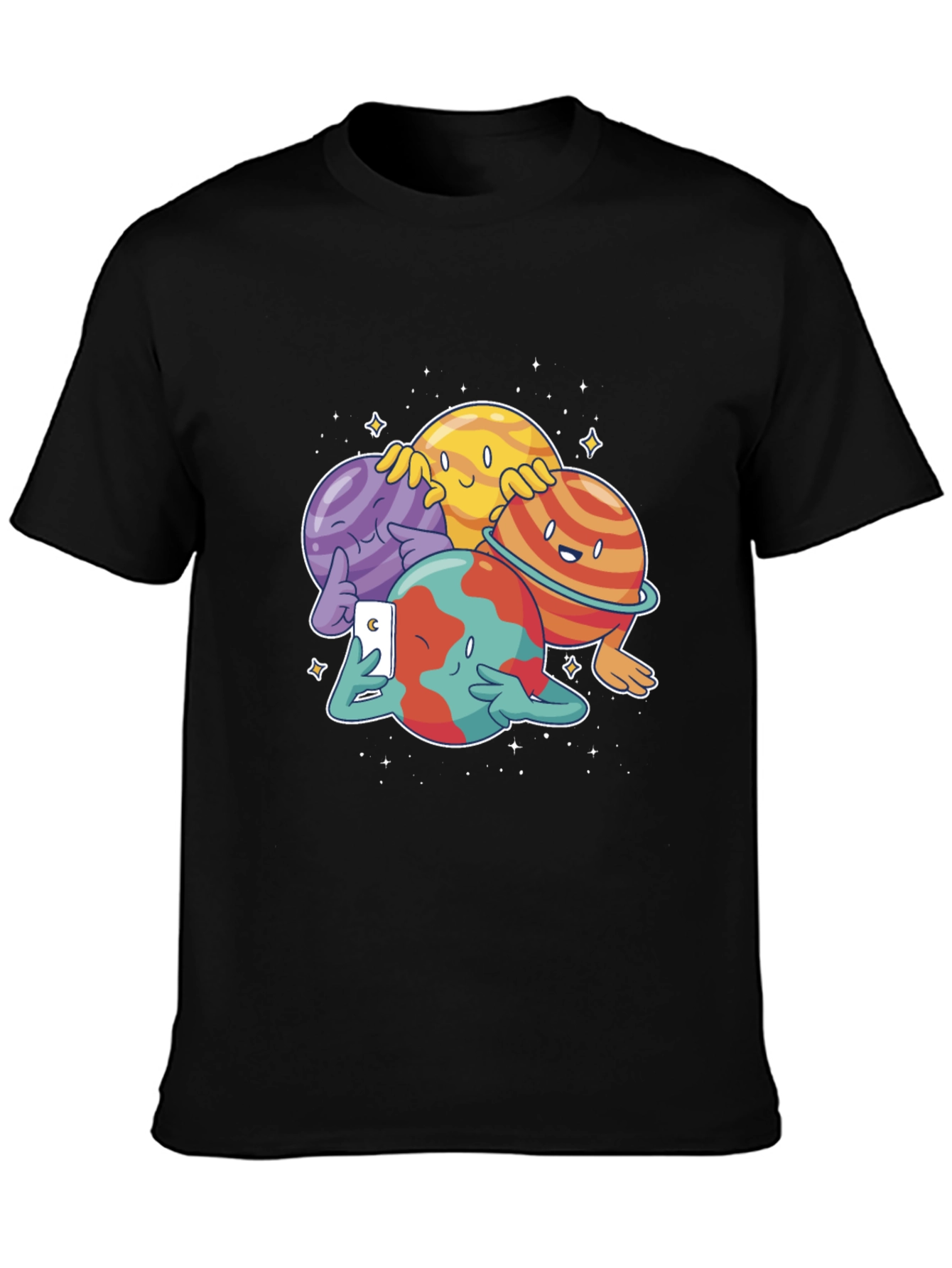 Cartoon Planets Selfie Black T-Shirt
