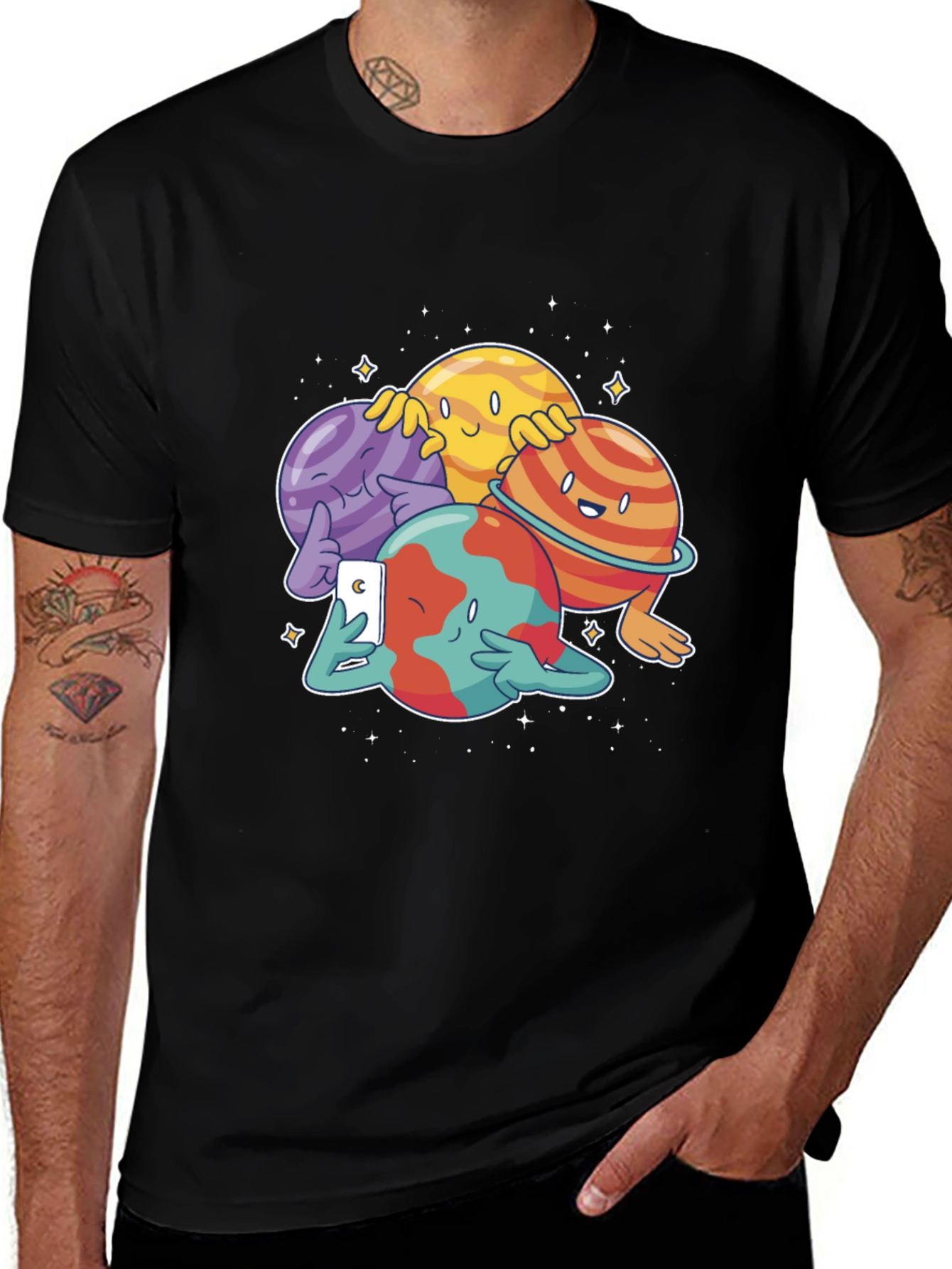 Cartoon Planets Selfie Black T-Shirt
