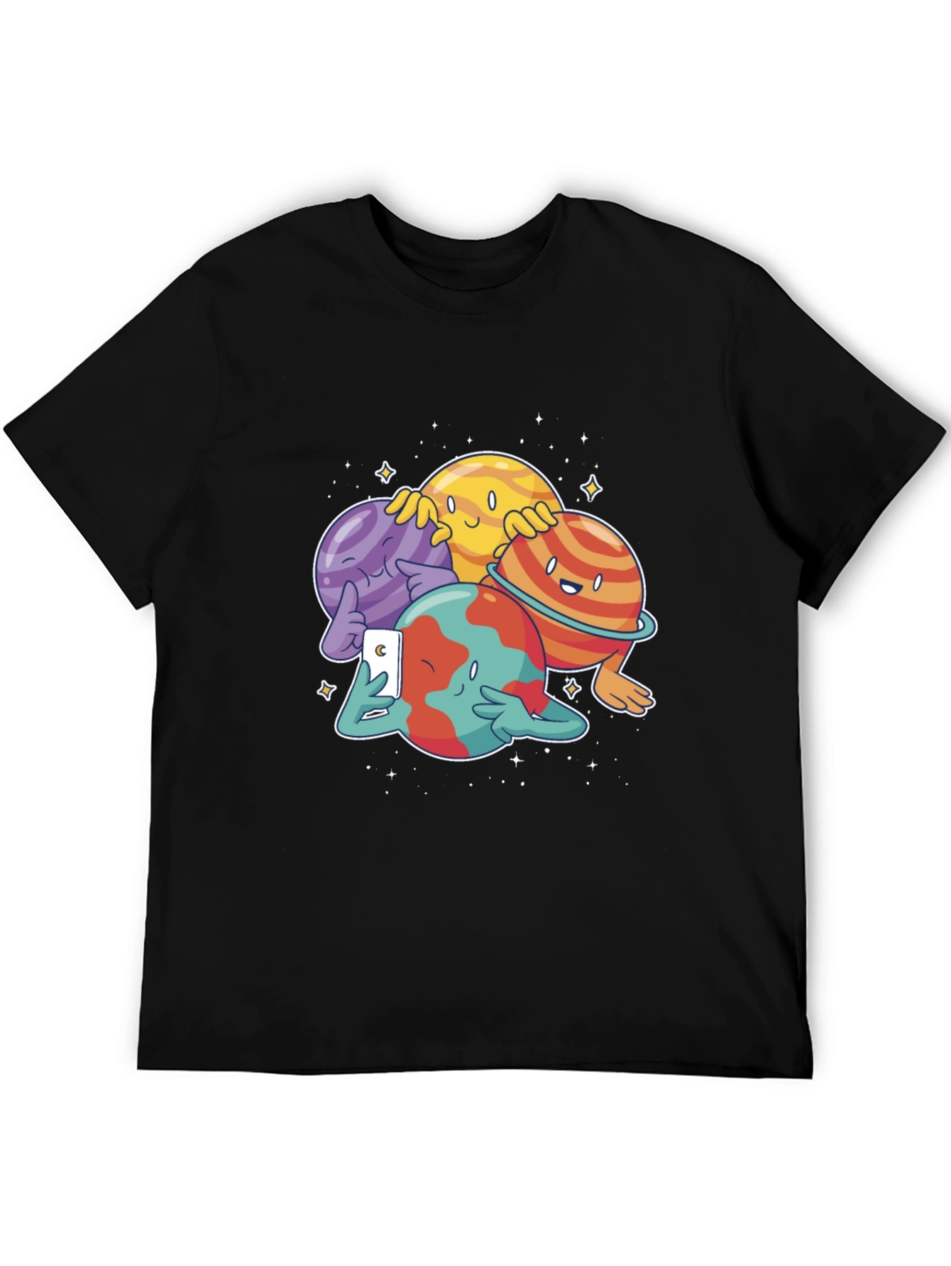 Cartoon Planets Selfie Black T-Shirt