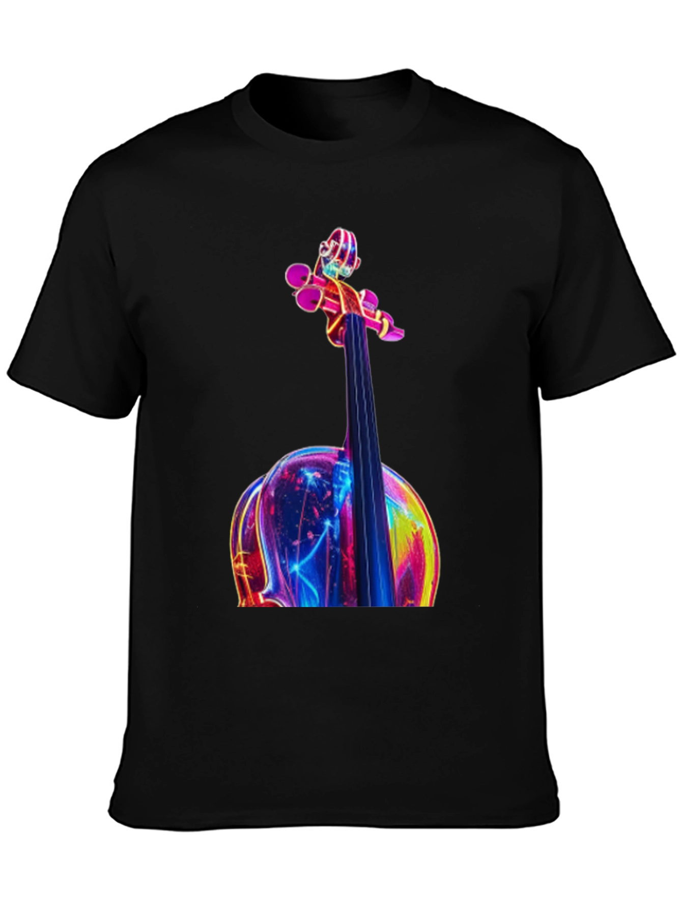 Neon Violin Graphic Tee - Black Casual T-Shirt